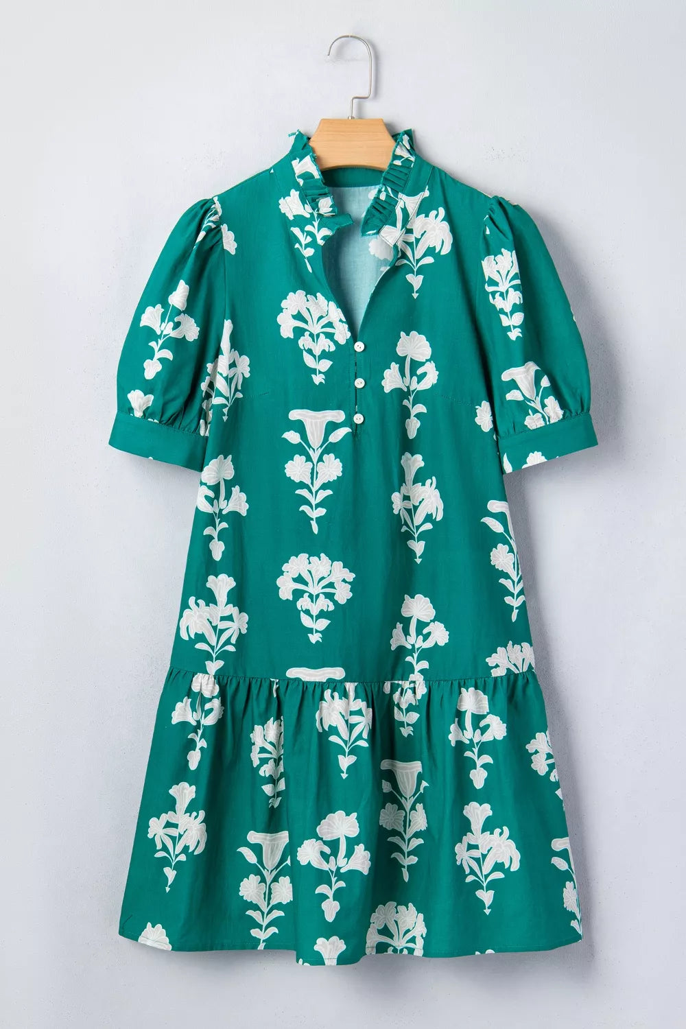 Frilled V Neck Puff Short Sleeve Floral Mini Dress