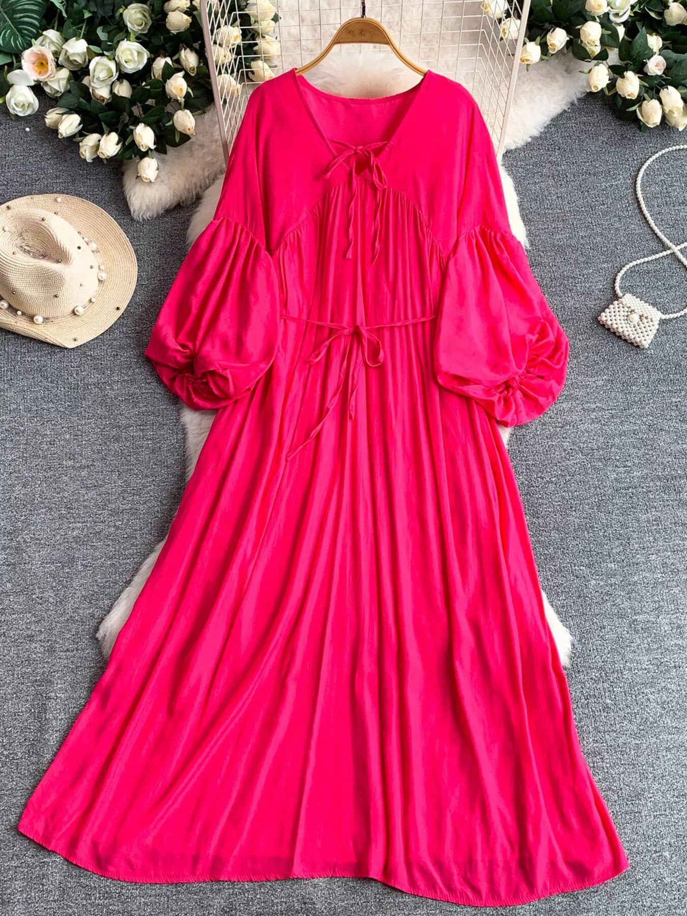 Balloon Sleeve Tie-Waist Dress