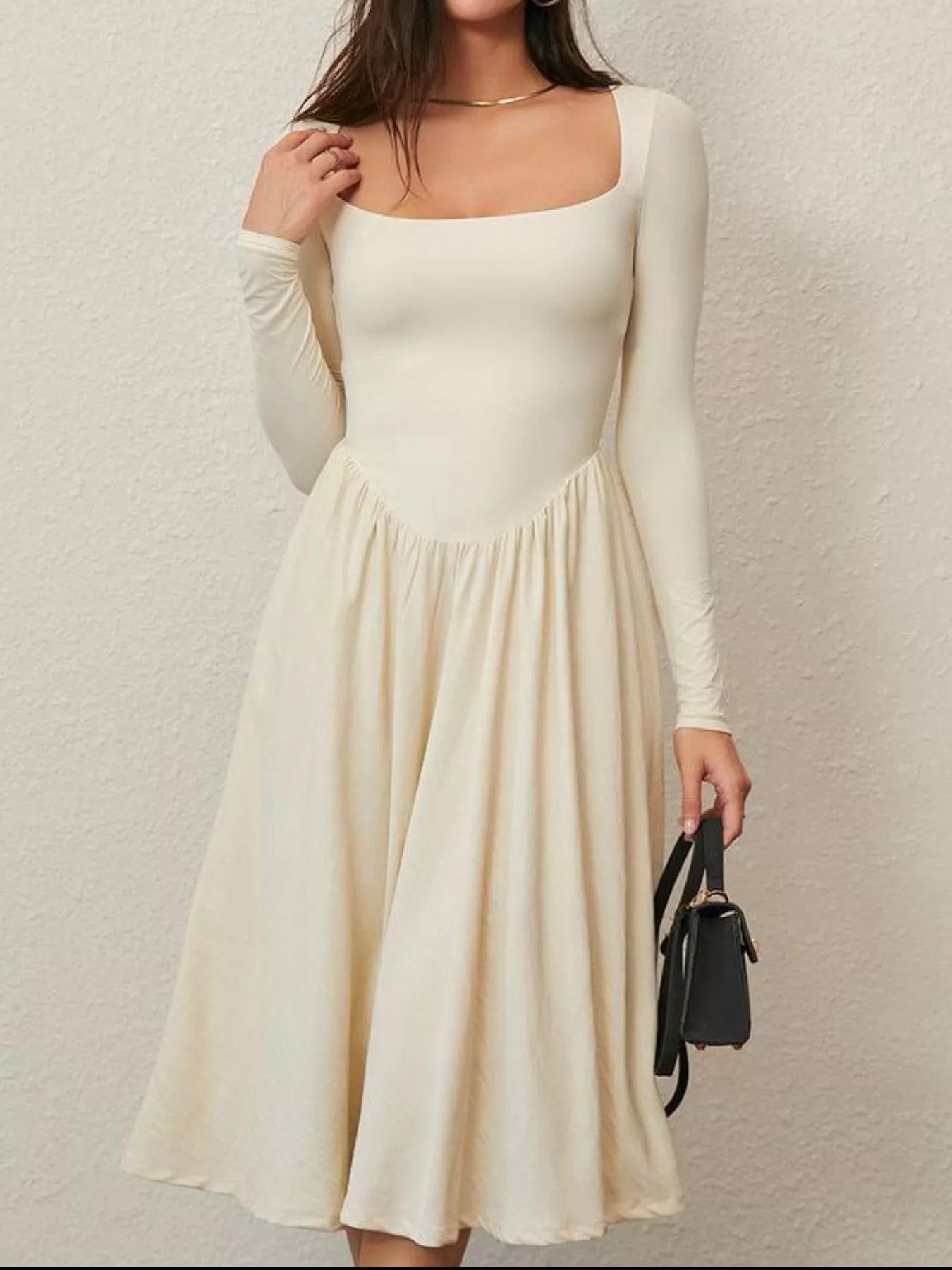Square Neck Long Sleeve Midi Dress
