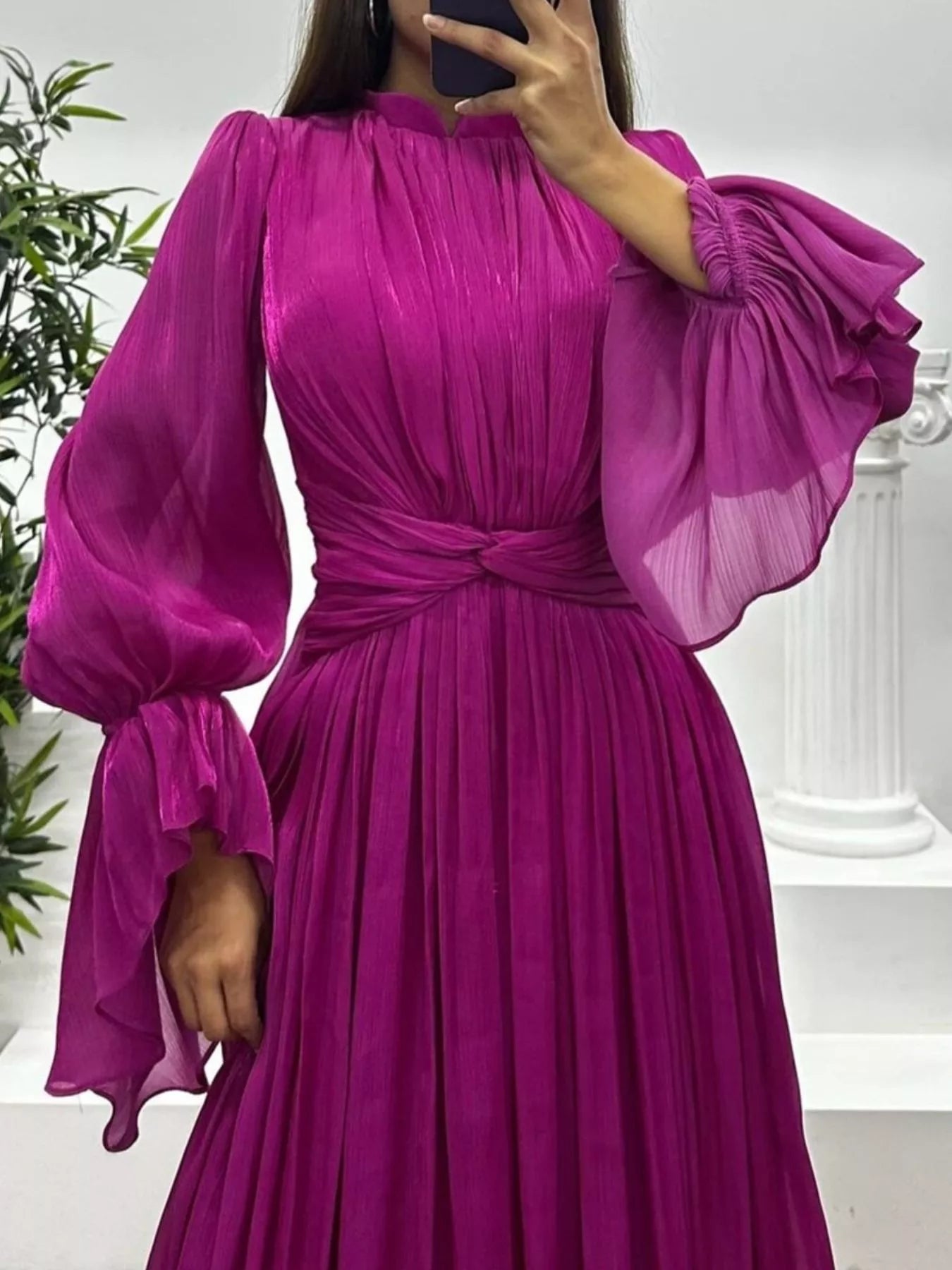 Pleated Mock Neck Long Sleeve Maxi Dress