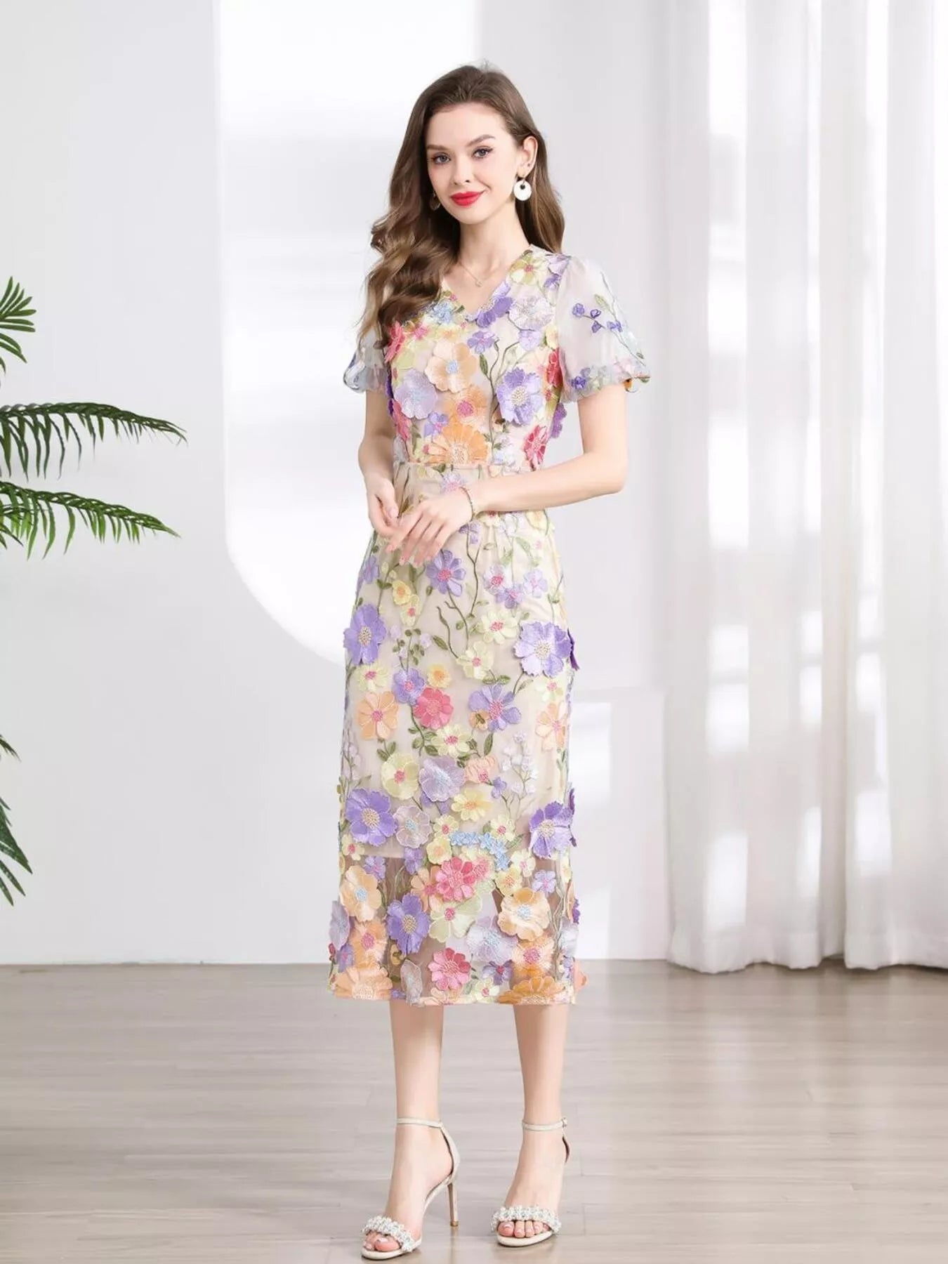 Floral Embroidered Puff Sleeve Midi Dress