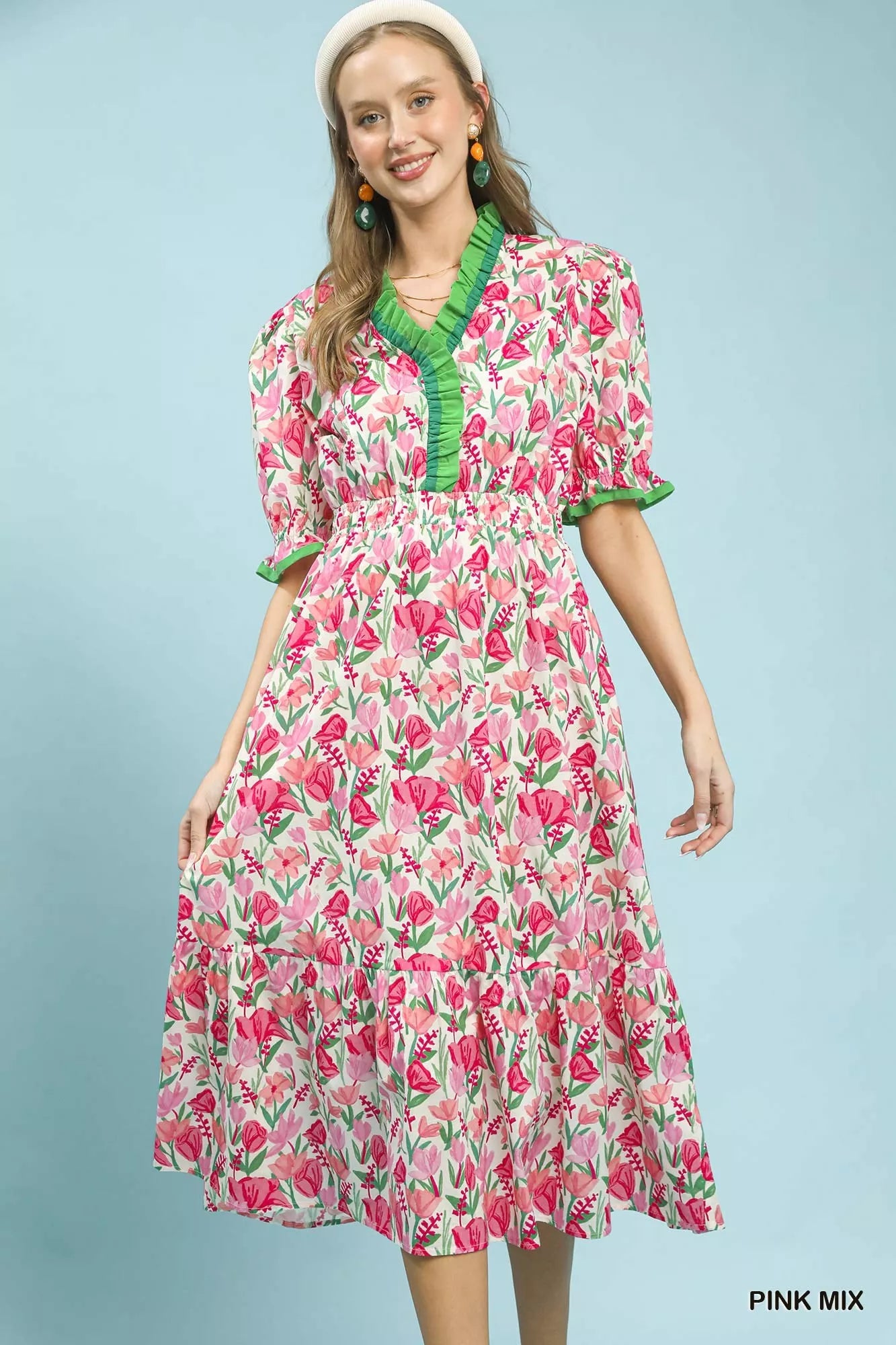 Umgee Floral Ruffle Trim Tiered Midi Dress