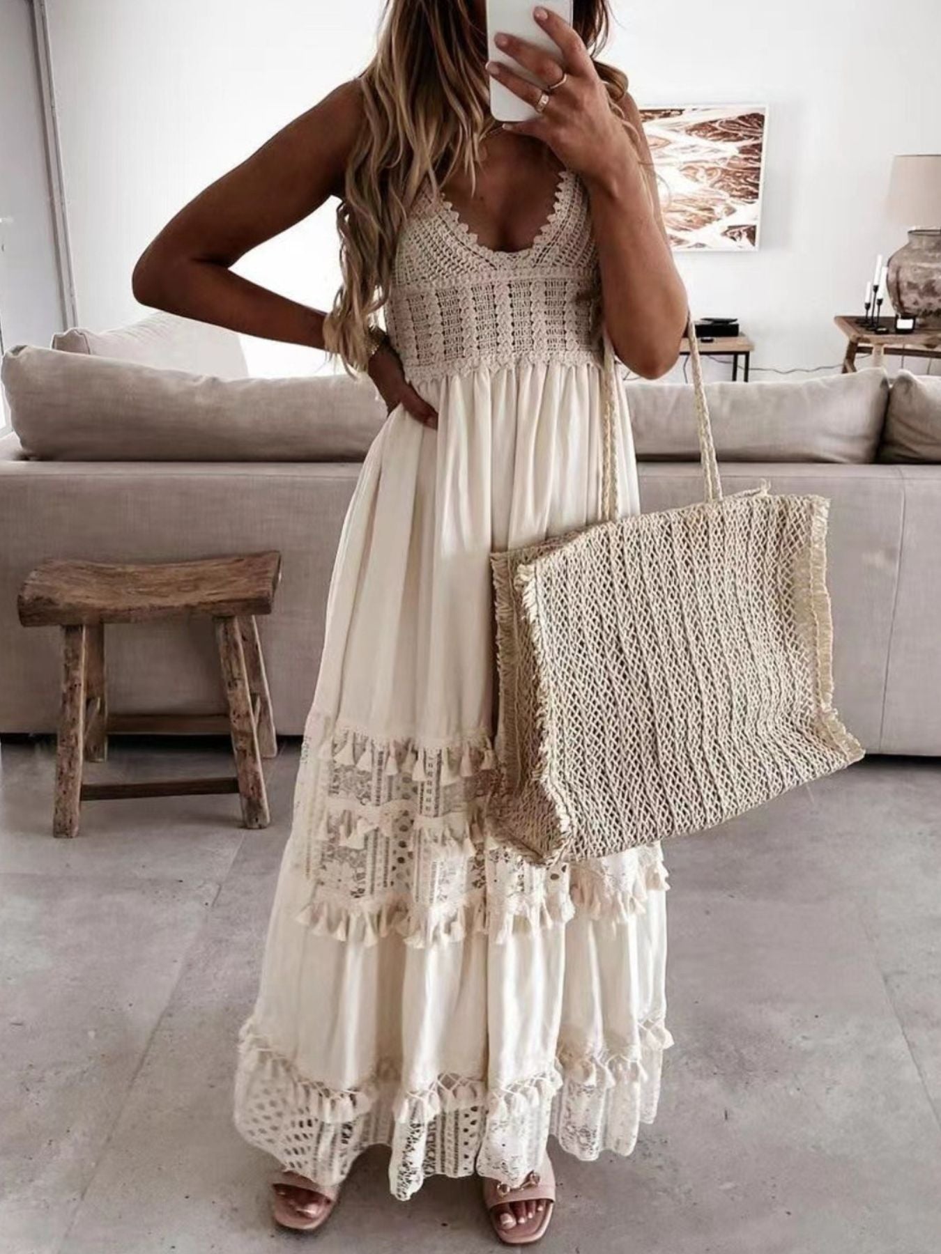 Full Size Bohemian Crochet Trimmed Cami Dress with Tassel Trim Plus Size