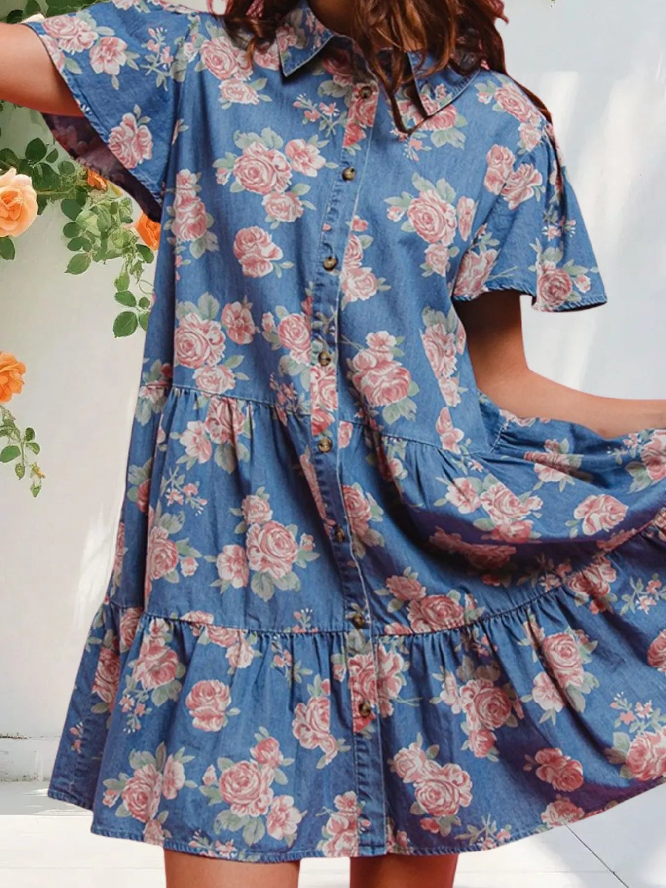 Floral Print Denim Button-Down Tiered Mini Dress