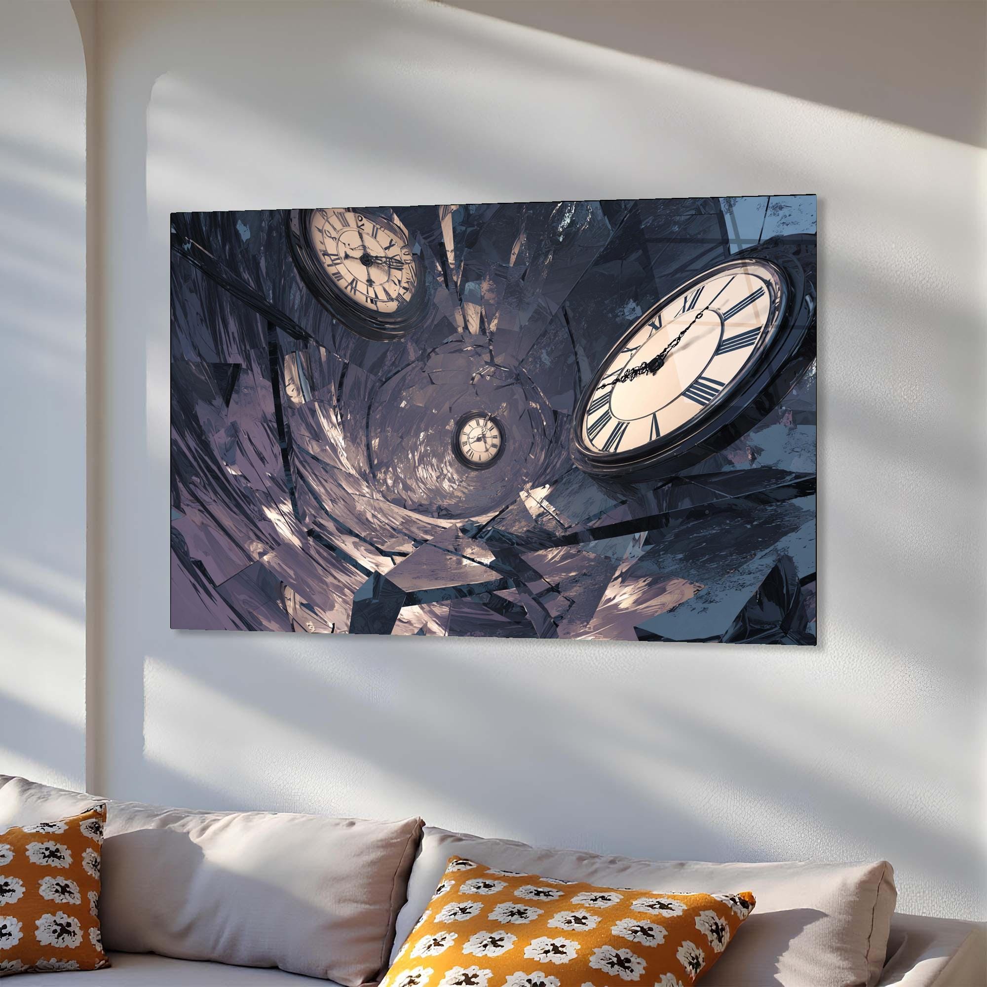 Surreal Clock Tempered Glass Wall Art | Time Vortex Tunnel Decor