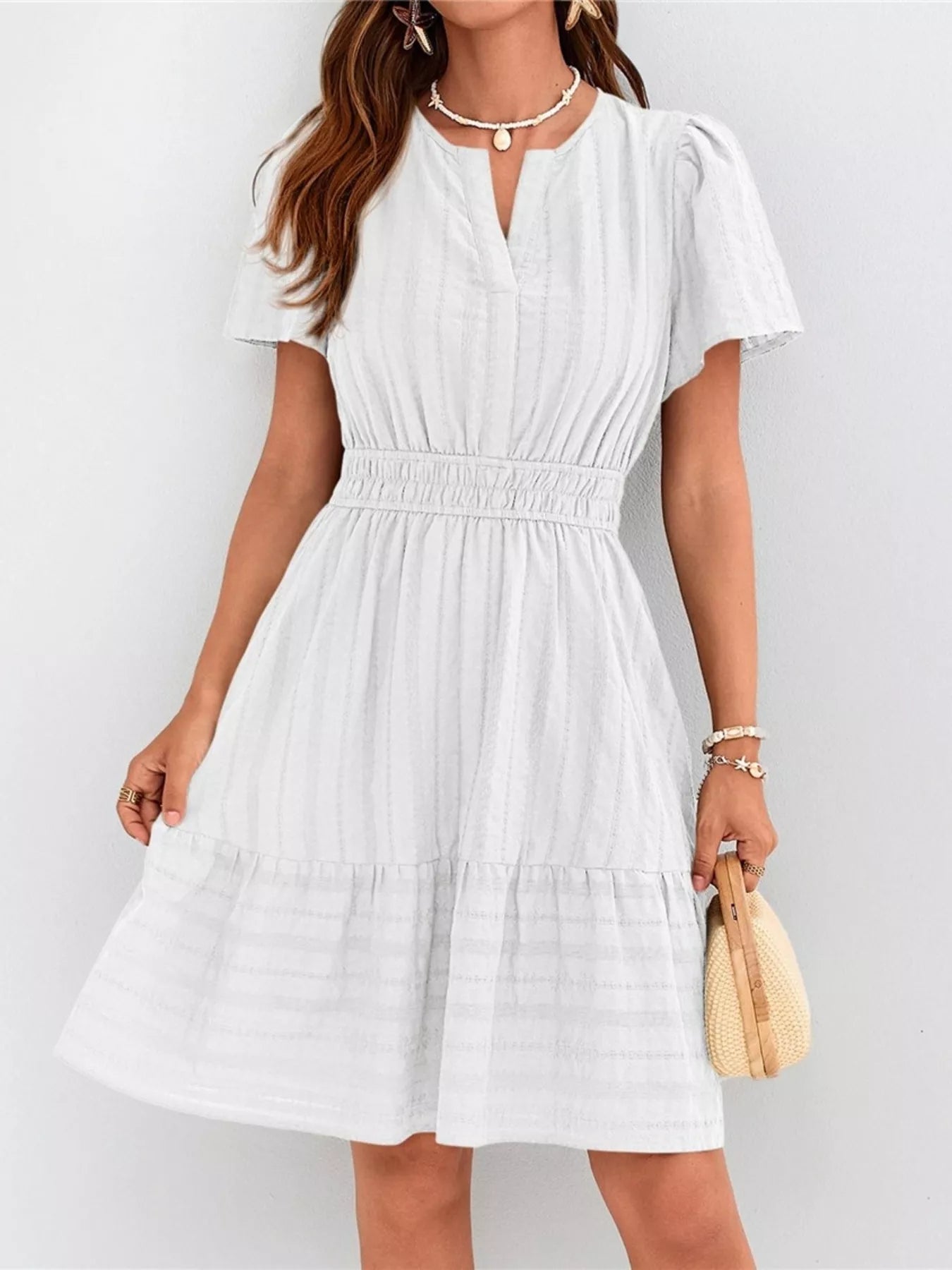 Short Sleeve Smocked Waist Tiered Dress