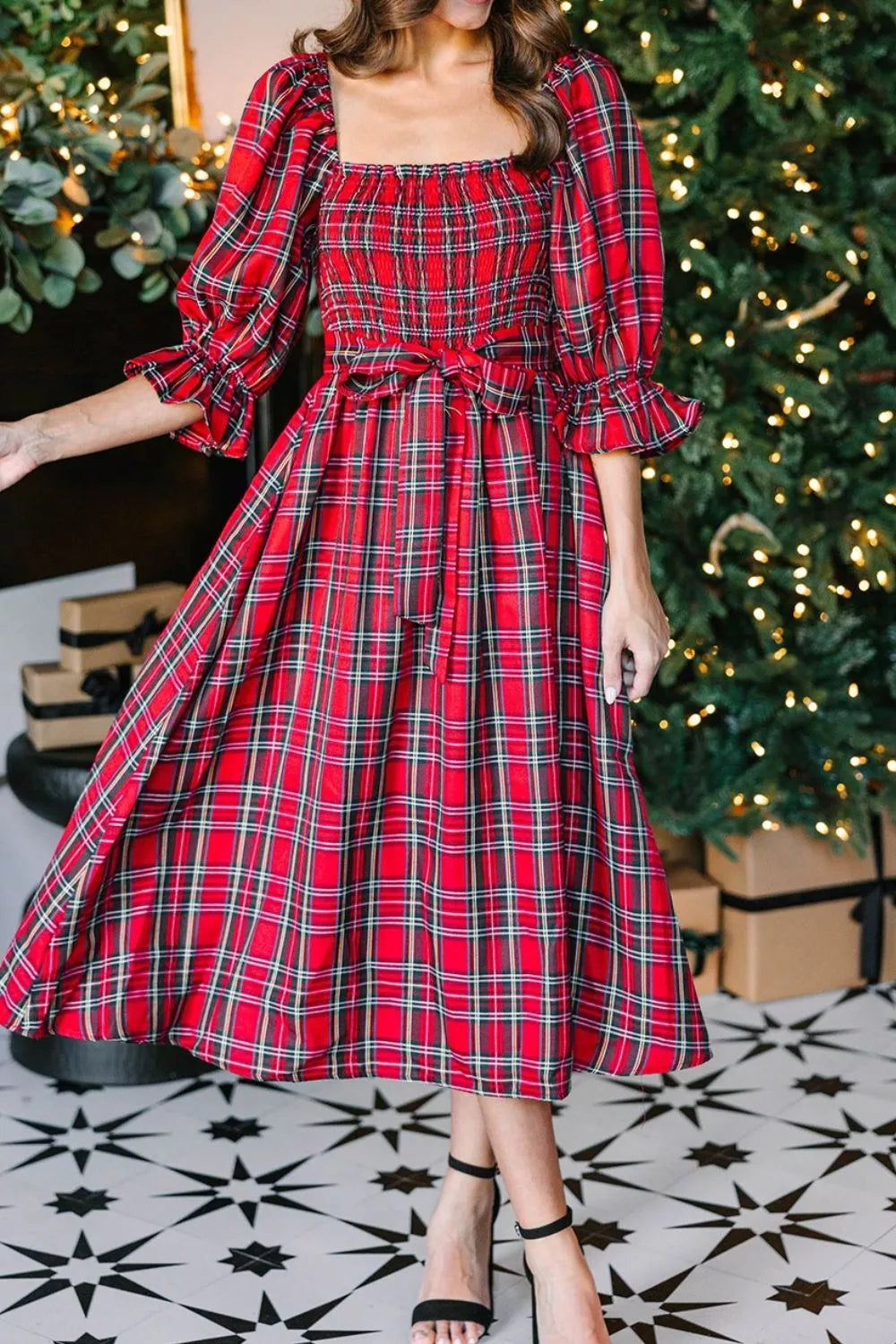 Plaid Smocked Flounce Sleeve Midi Dress