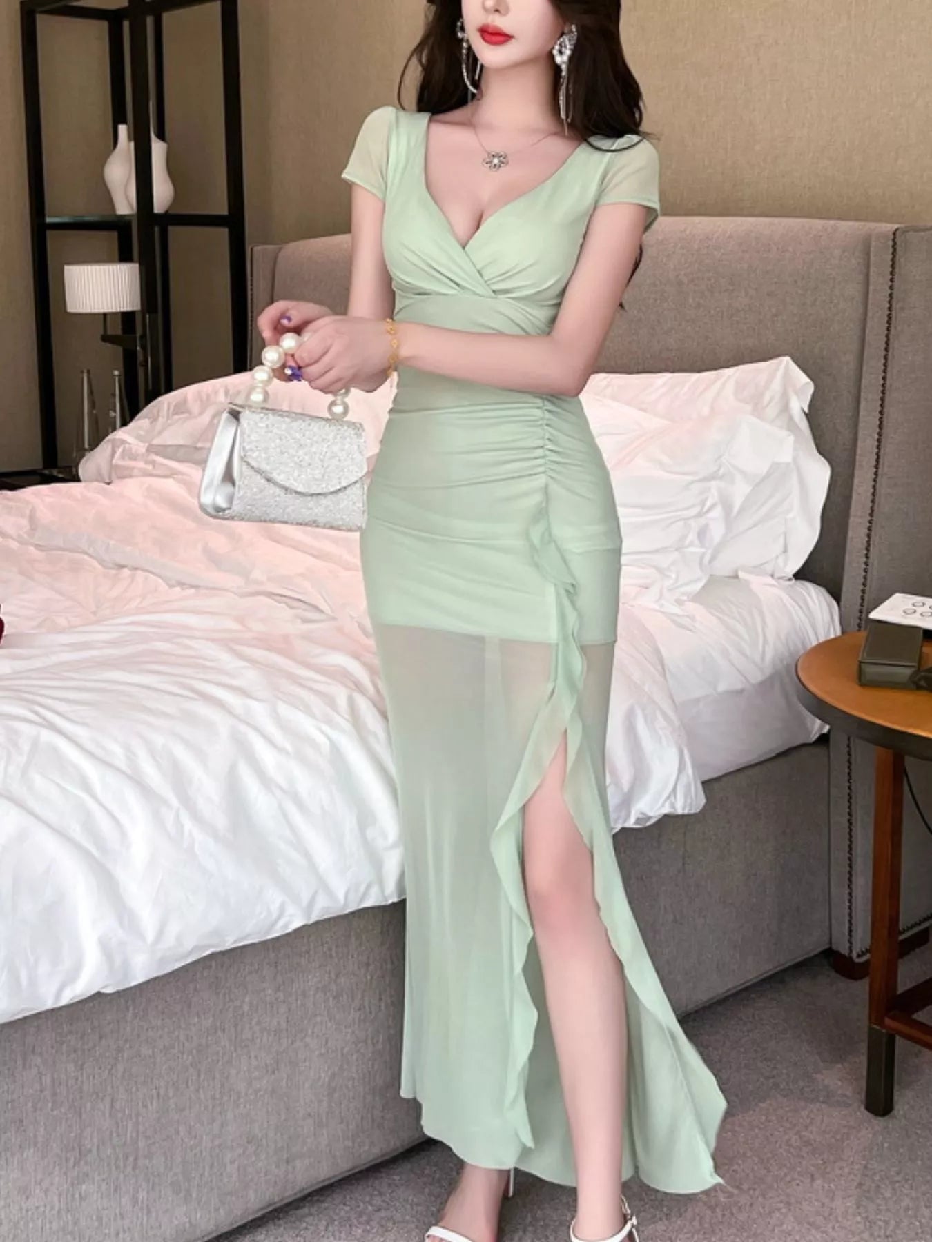 Tie-Dye Surplice Ruffle Slit Dress