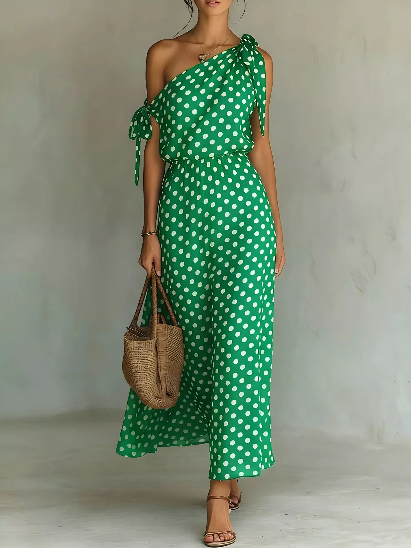 Full Size Polka Dot One-Shoulder Maxi Dress Plus Size