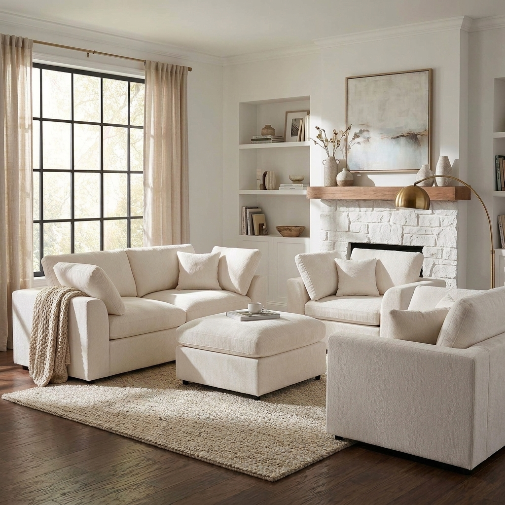 U-Style 4-Piece Sofa Set, 2 Accent Chairs + Loveseat + Movable Ottoman