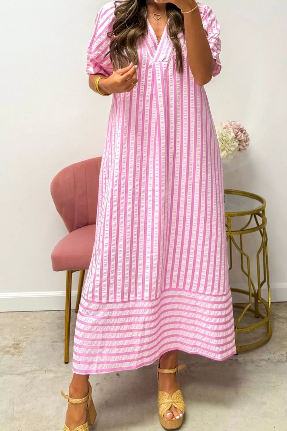 Striped V-Neck Midi Dress