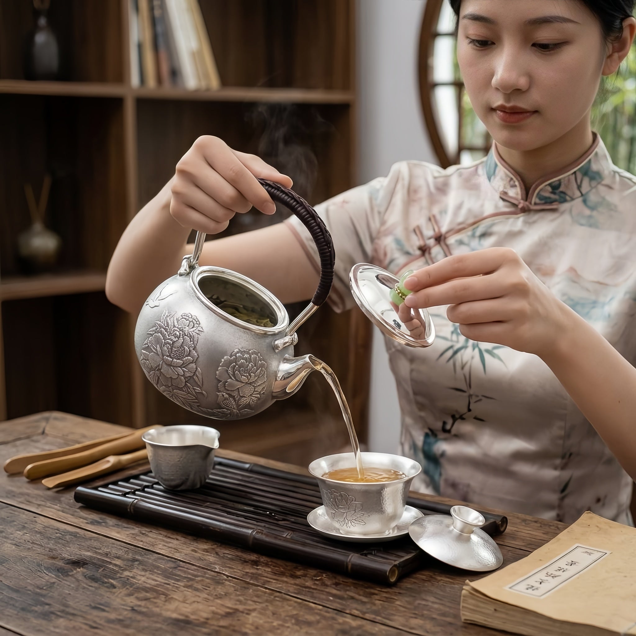 Pure 999 Fine Silver Handcrafted Silver Teapot Featuring Intricate Peony Engravings and Green Jadeite Lid Knob - Handicraft