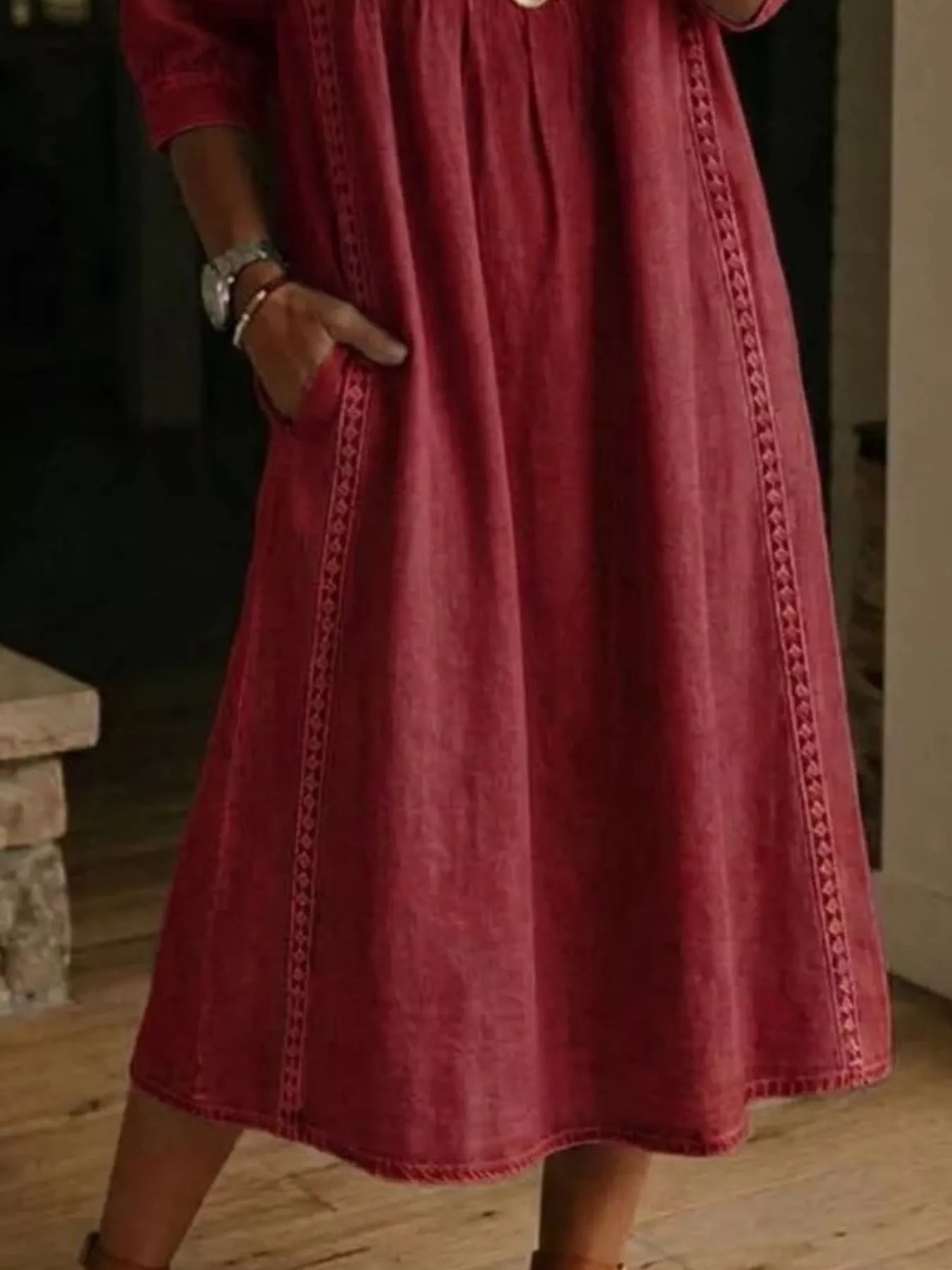 Full Size V-Neck 3/4 Sleeve Midi Dress Plus Size