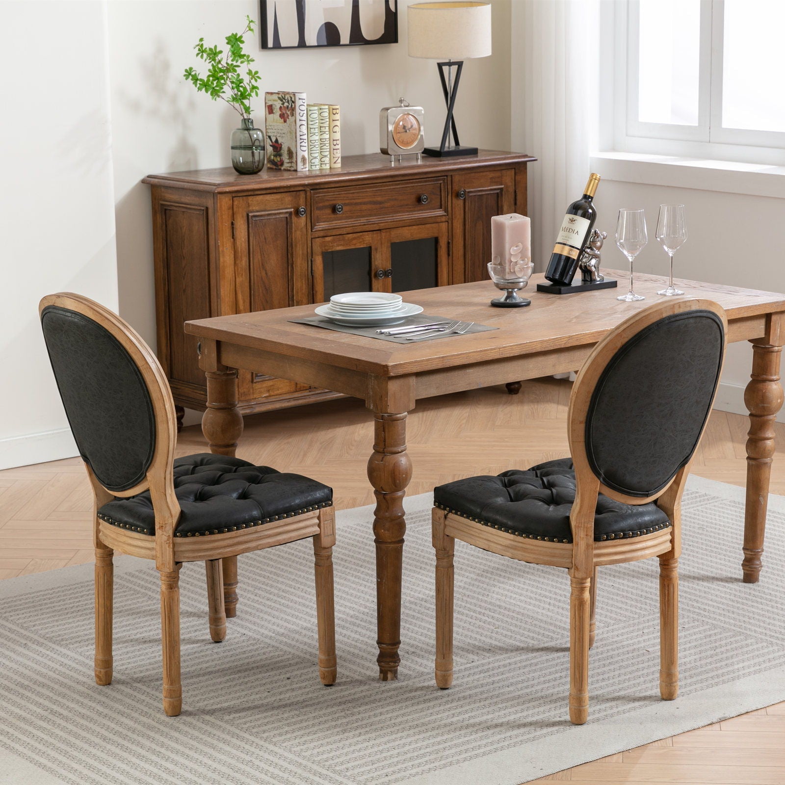 French Style Solid Wood Frame Antique Painting, Hand-Pulled Buckle Decoration Artificial Dining Chair With Nailhead Trim, Wood Legs