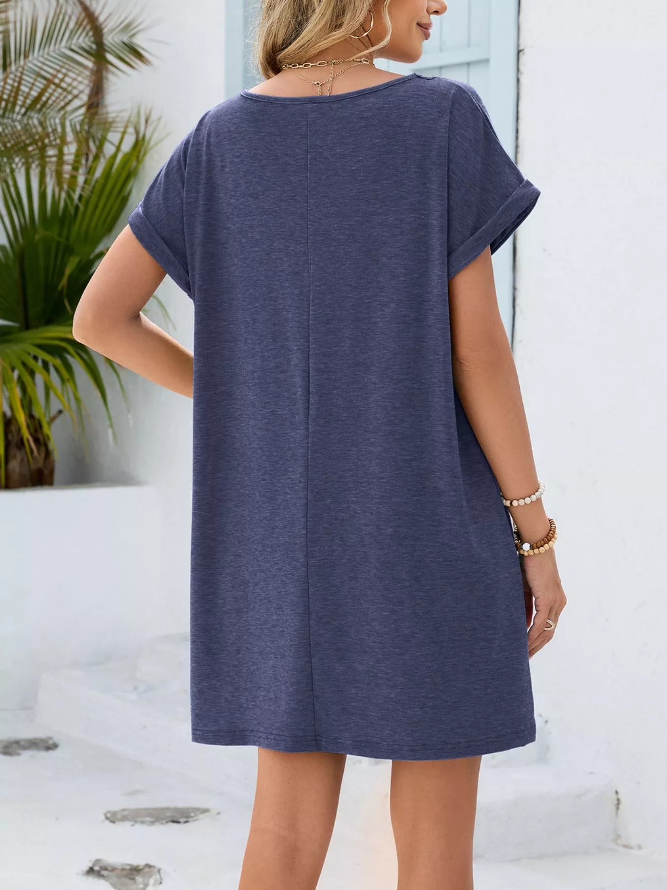 Lace Trim Notched Short Sleeve Dress