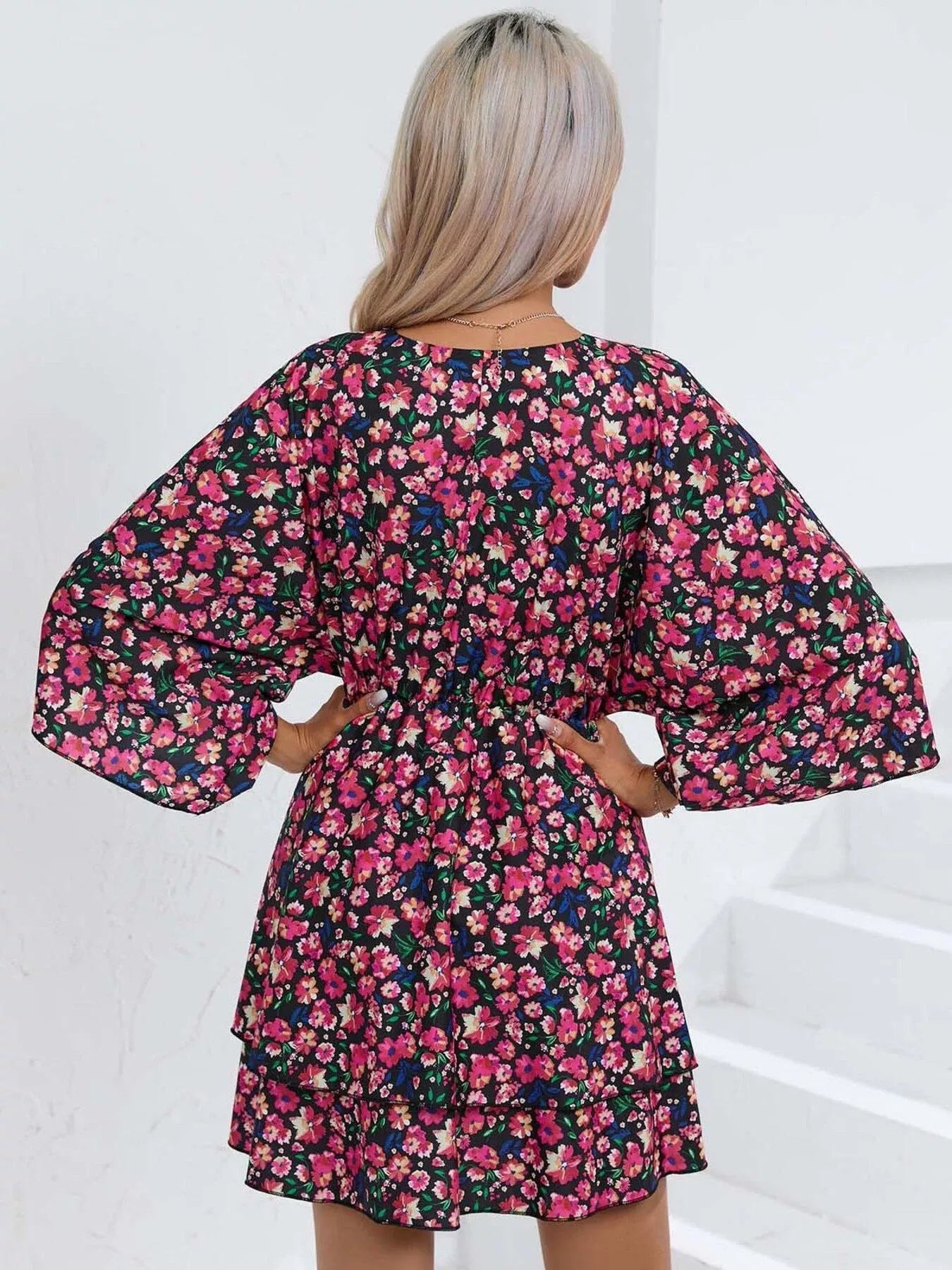 Floral Print Layered Ruffle Hem Mini Dress