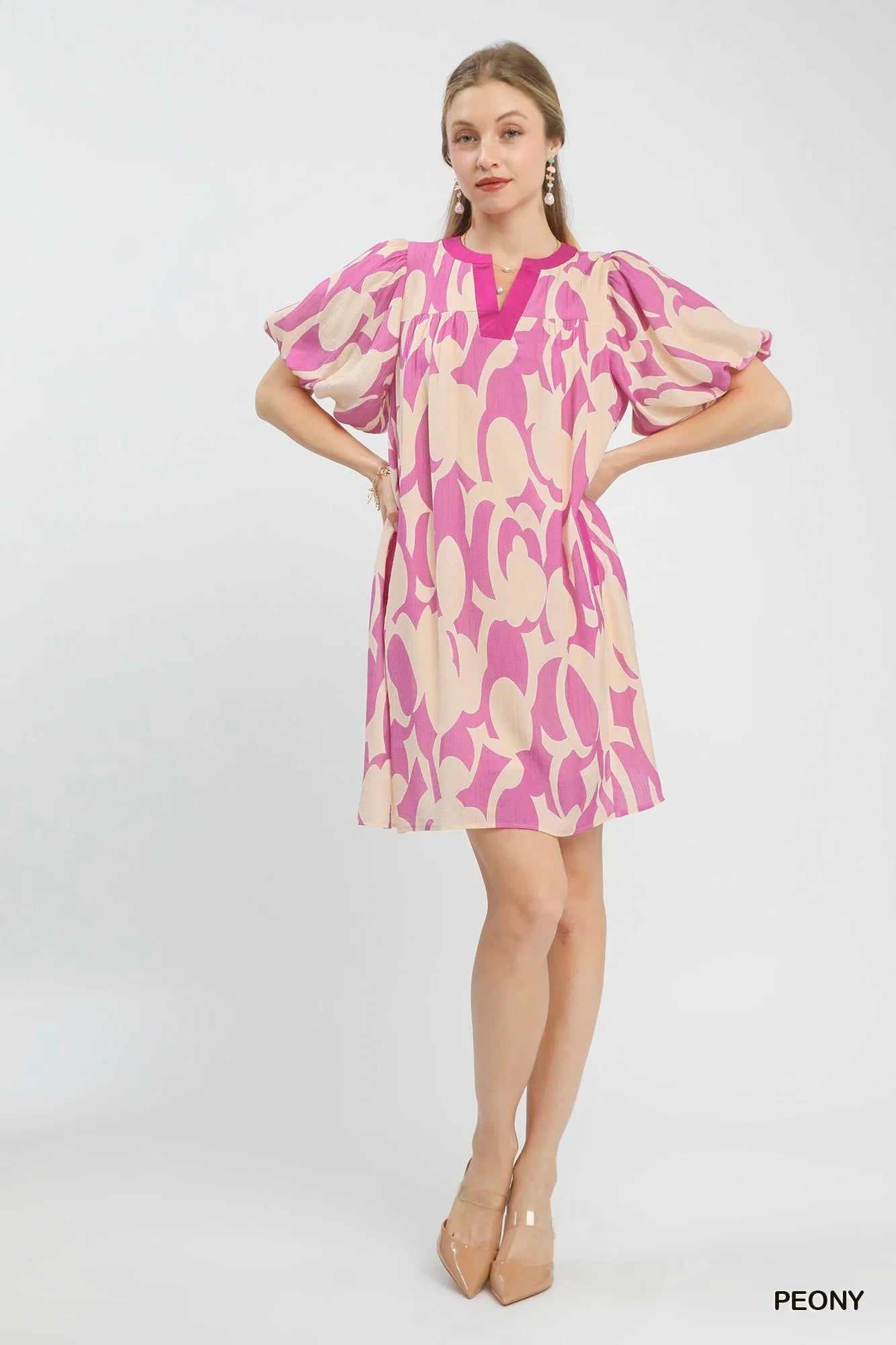 Umgee Abstract Print Puff Sleeve Shift Dress