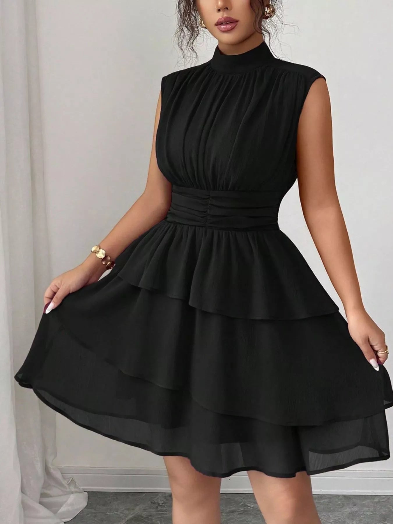 Sleeveless Mock Neck Layered Ruffle Dress