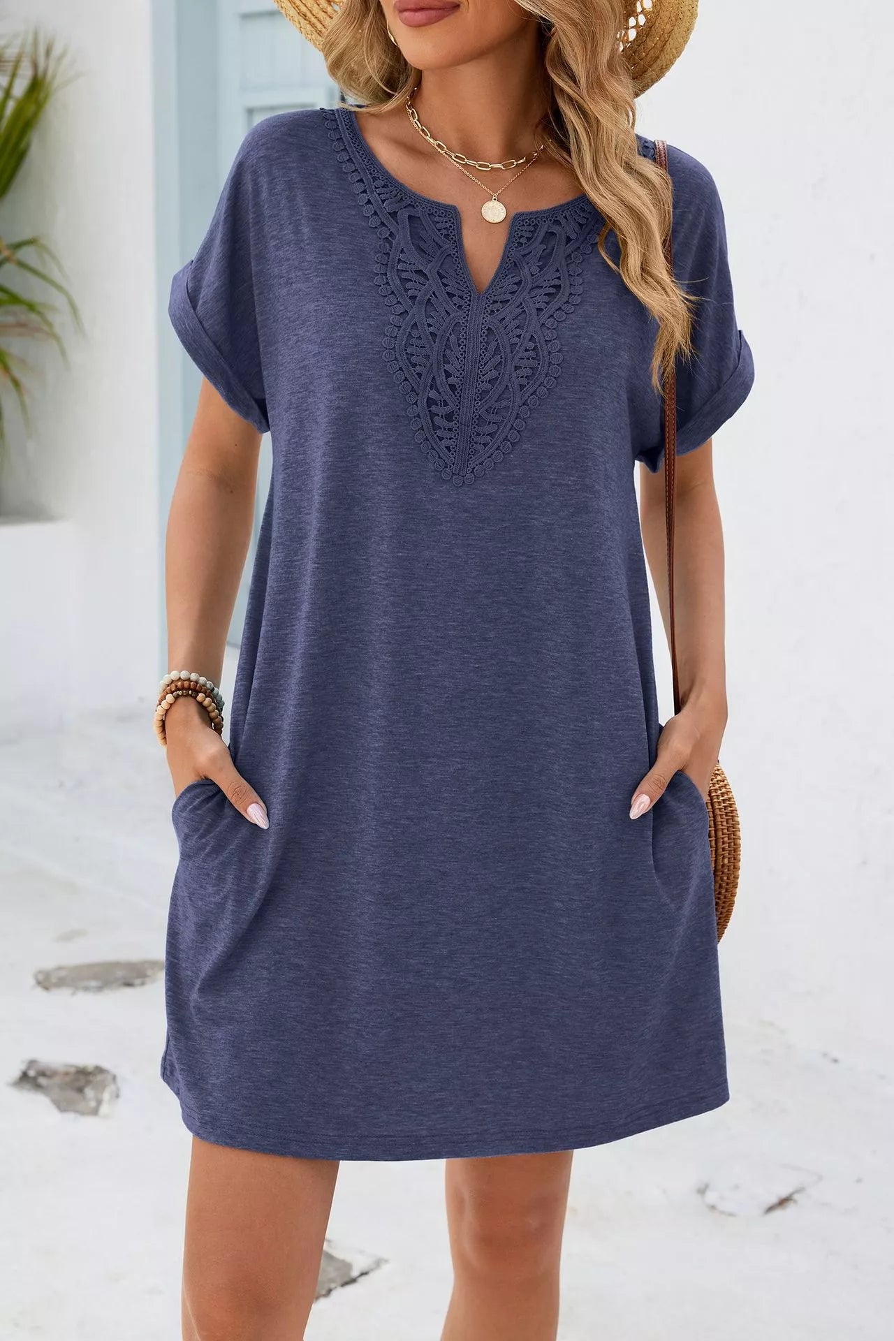 Lace Trim Notched Short Sleeve Dress