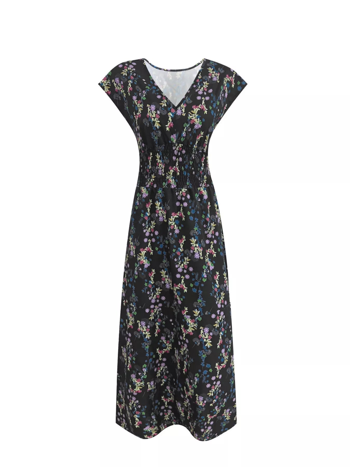 Printed V-Neck Cap Sleeve Maxi Dress