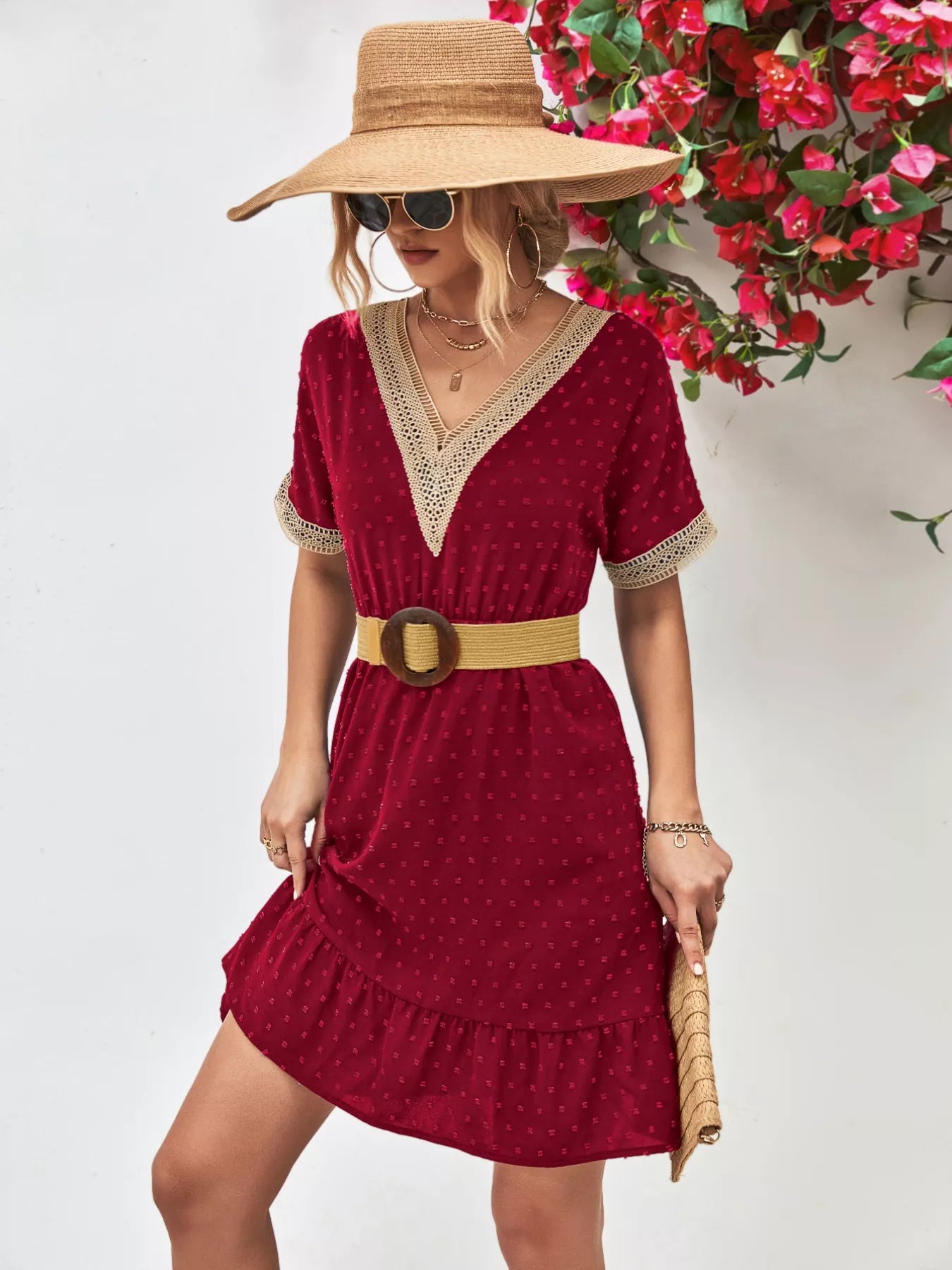 V-Neck Swiss Dot Ruffle Hem Mini Dress