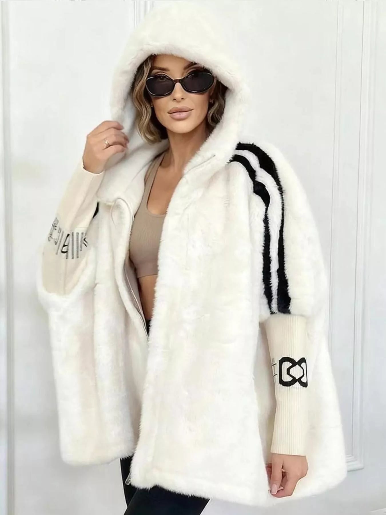 Hooded Faux Fur Striped Trim Outerwear