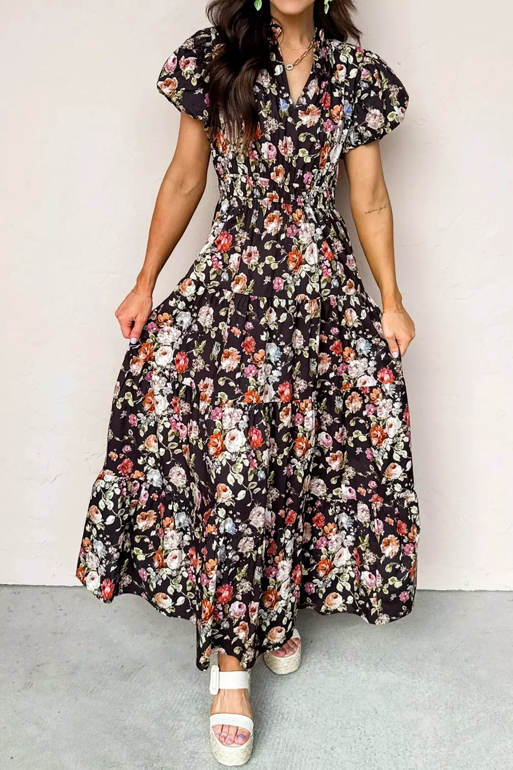 Floral Print Smocked Waist Maxi Dress