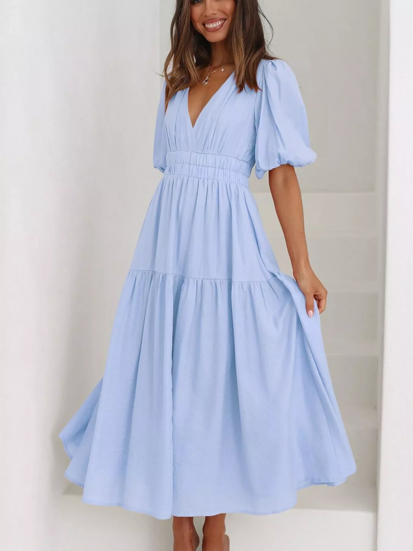 V-Neck Puff Sleeve Midi Dress