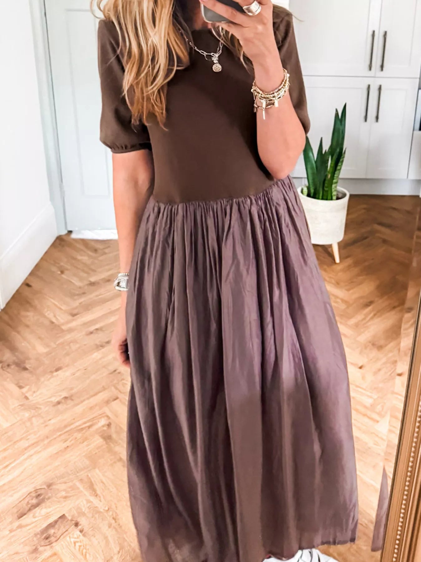 Short Sleeve Knit Top Patchwork Pleated Dress