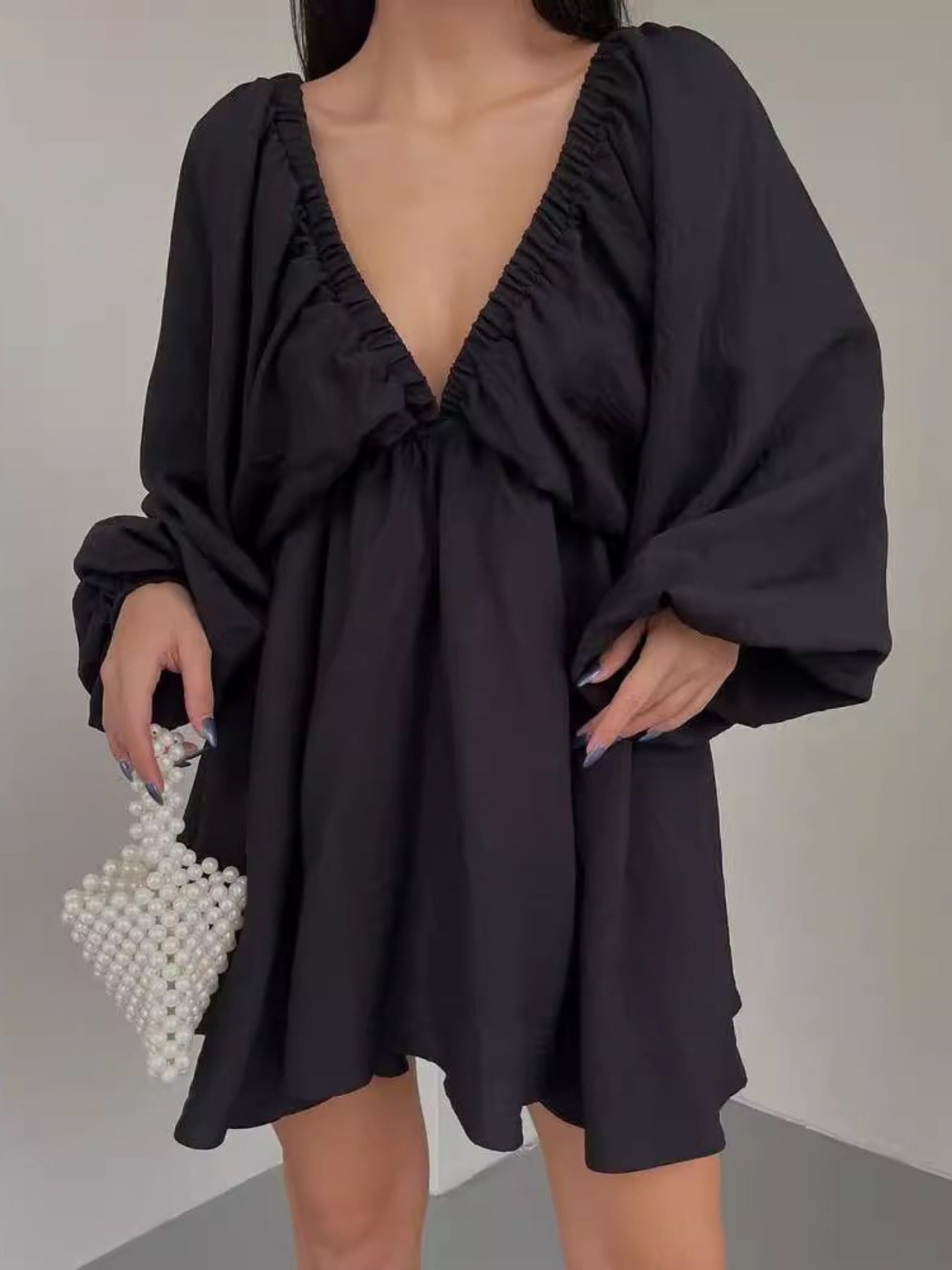 Deep V-Neck Balloon Sleeve Dress