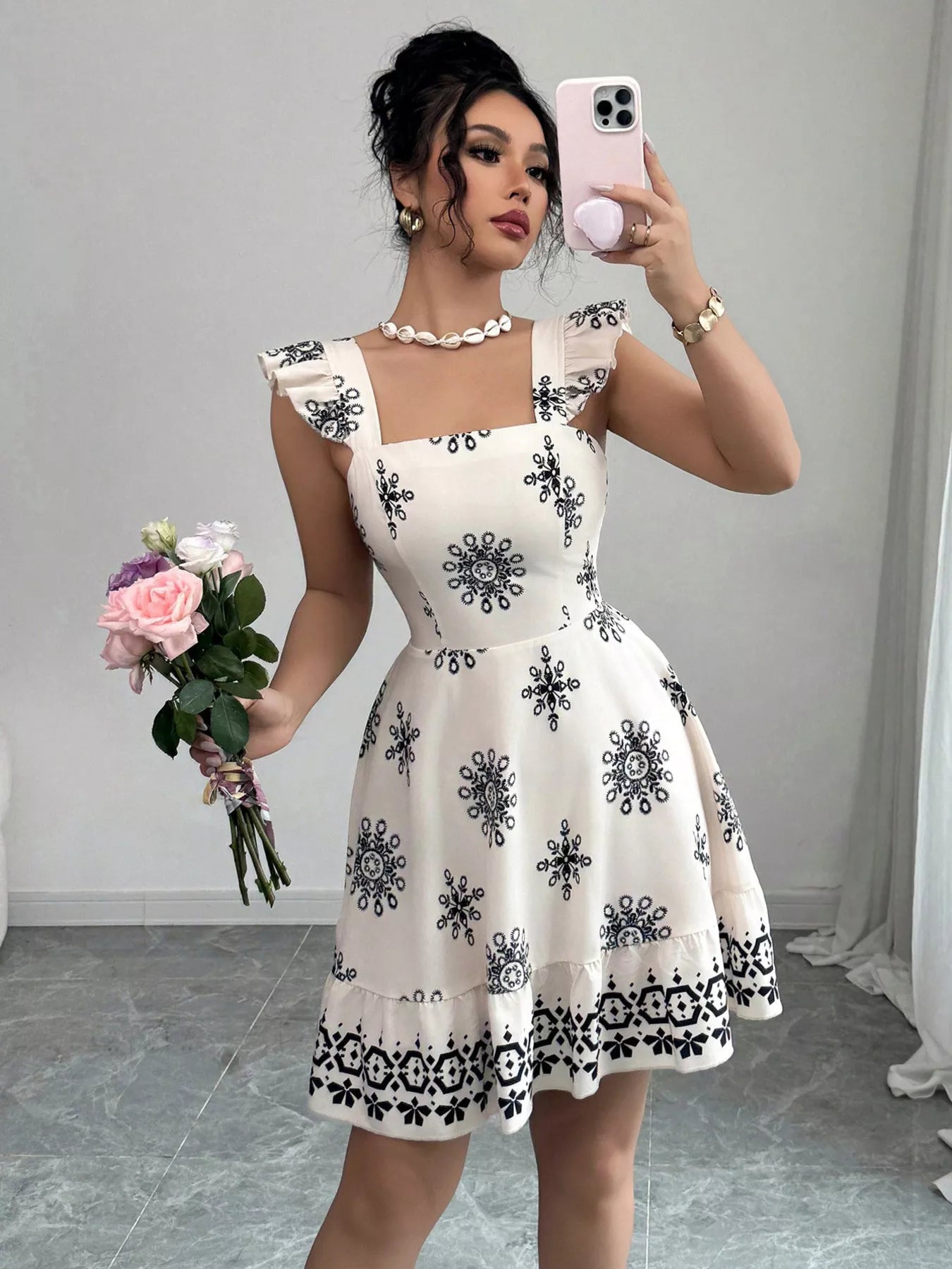 Printed Bow Back Square Neck Mini Dress