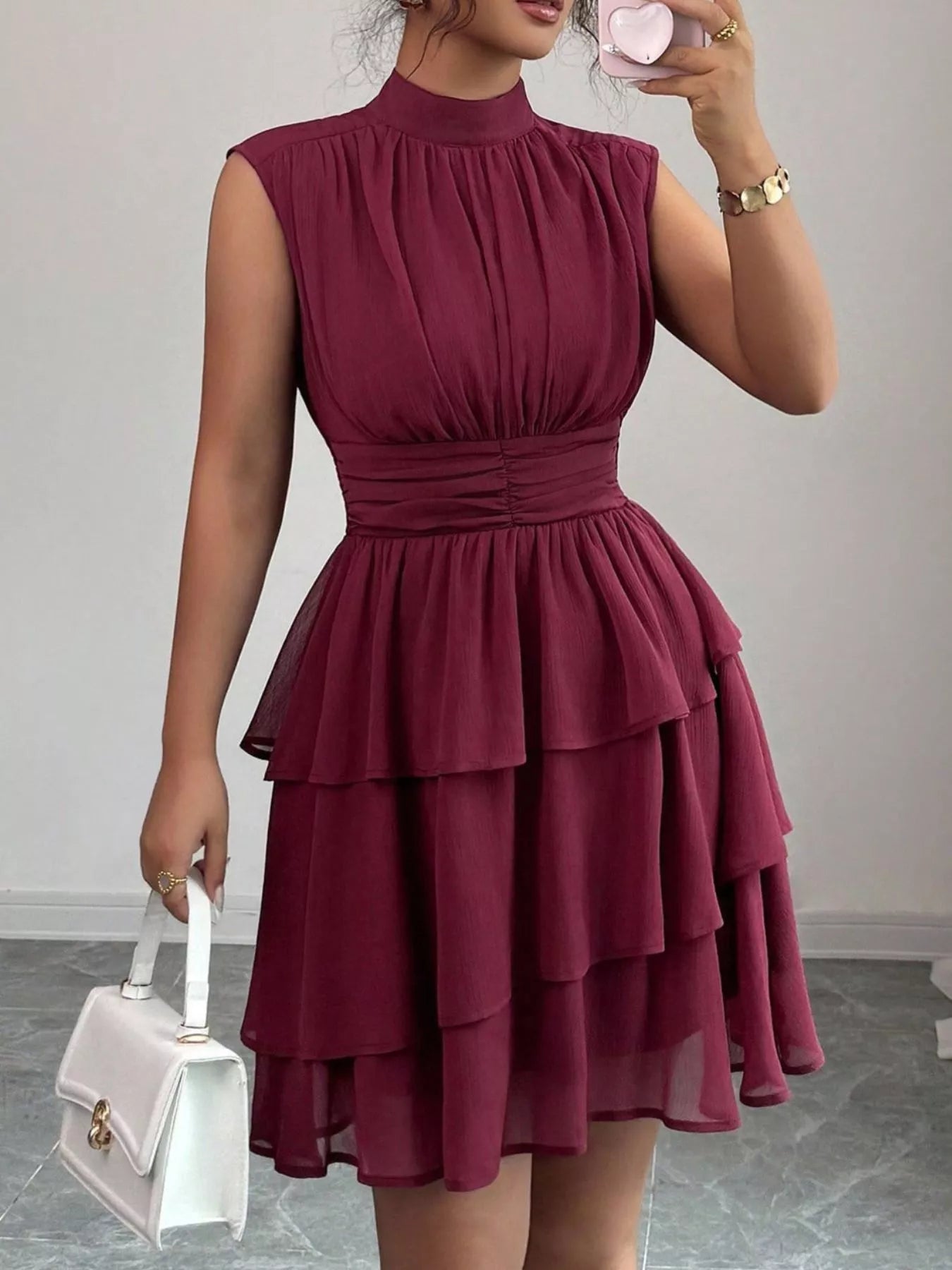 Sleeveless Mock Neck Layered Ruffle Dress
