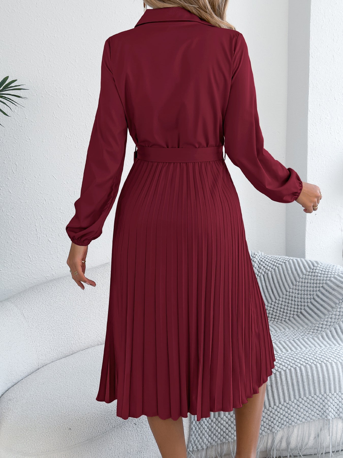 Pleated Tie Waist Balloon Sleeve Dress