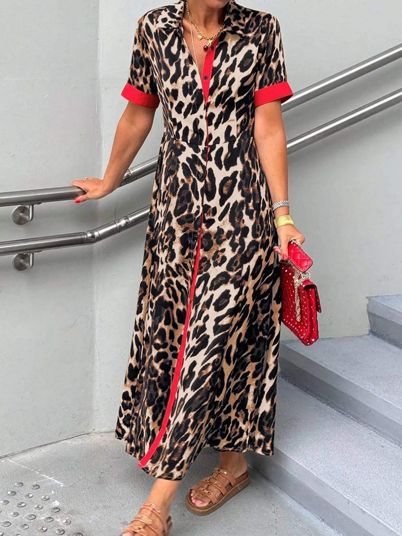 Leopard Print Button-Down Dress with Contrast Trim