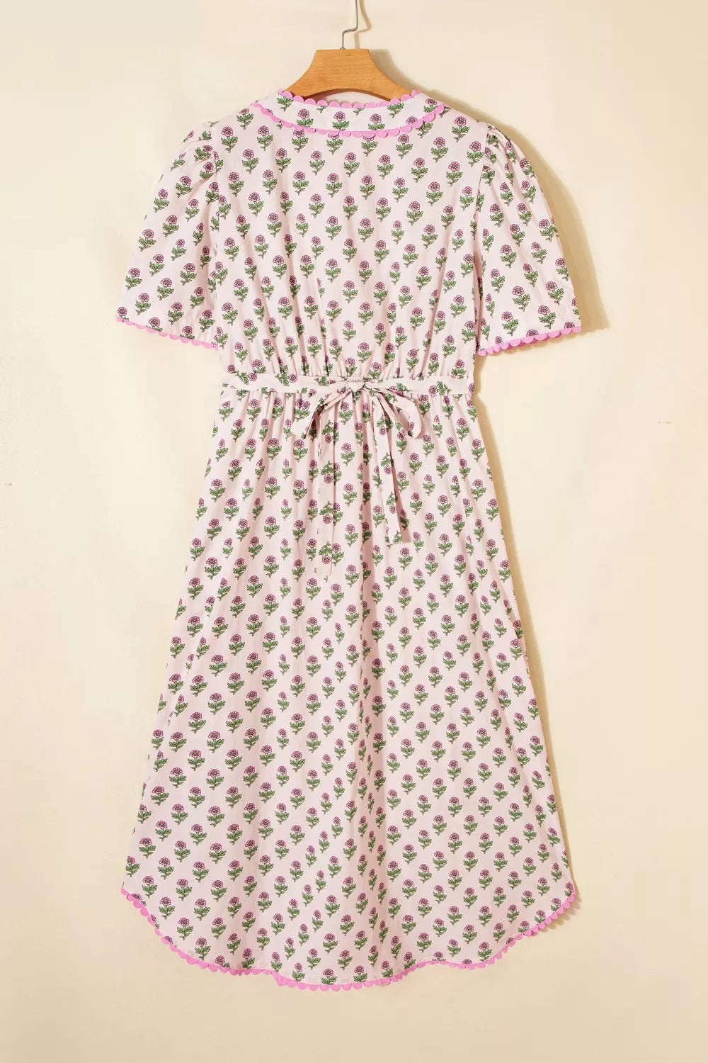 Floral Print V Neck Scallop Trim Button Front Short Sleeve Dress
