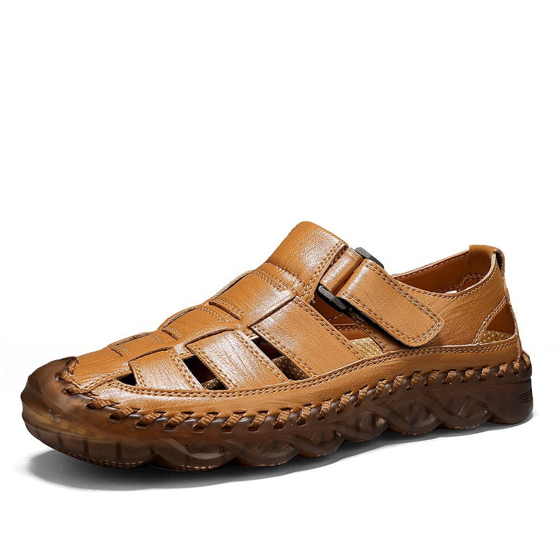 Mens Beach Sandals Outdoor Casual Leather Closed-Toe Wear-Resistant Breathable Shoes For Men