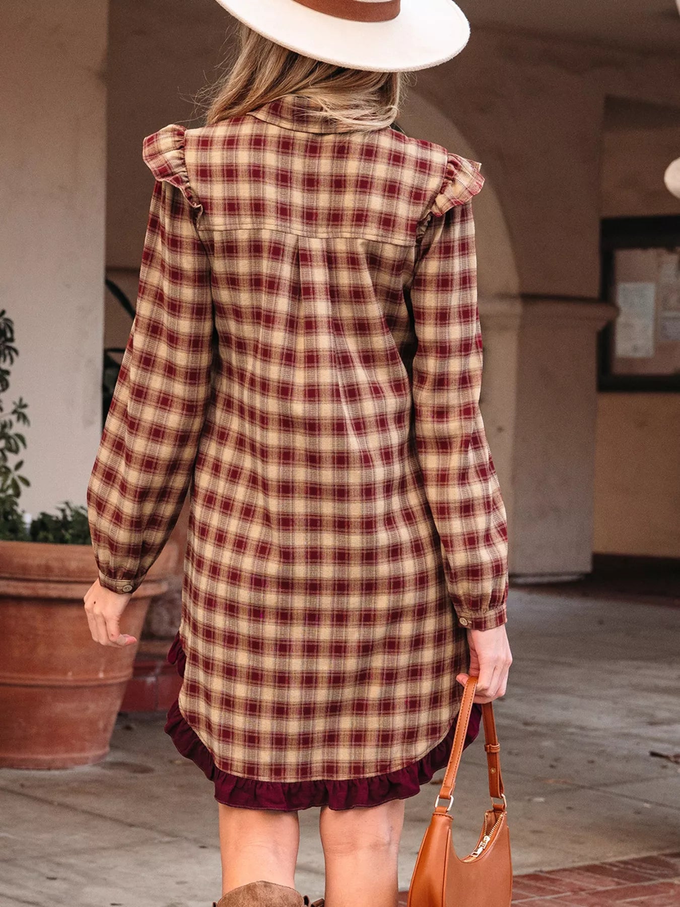 Plaid Print Ruffled Long Sleeve Patchwork Hem Mini Shirt Dress
