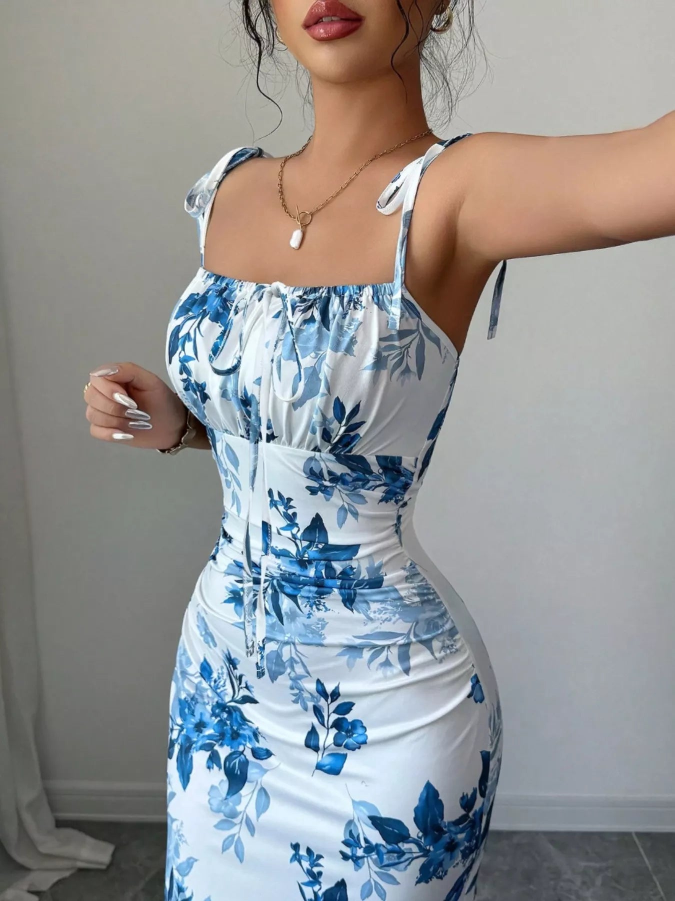 Printed Tie Strap Slit Maxi Dress