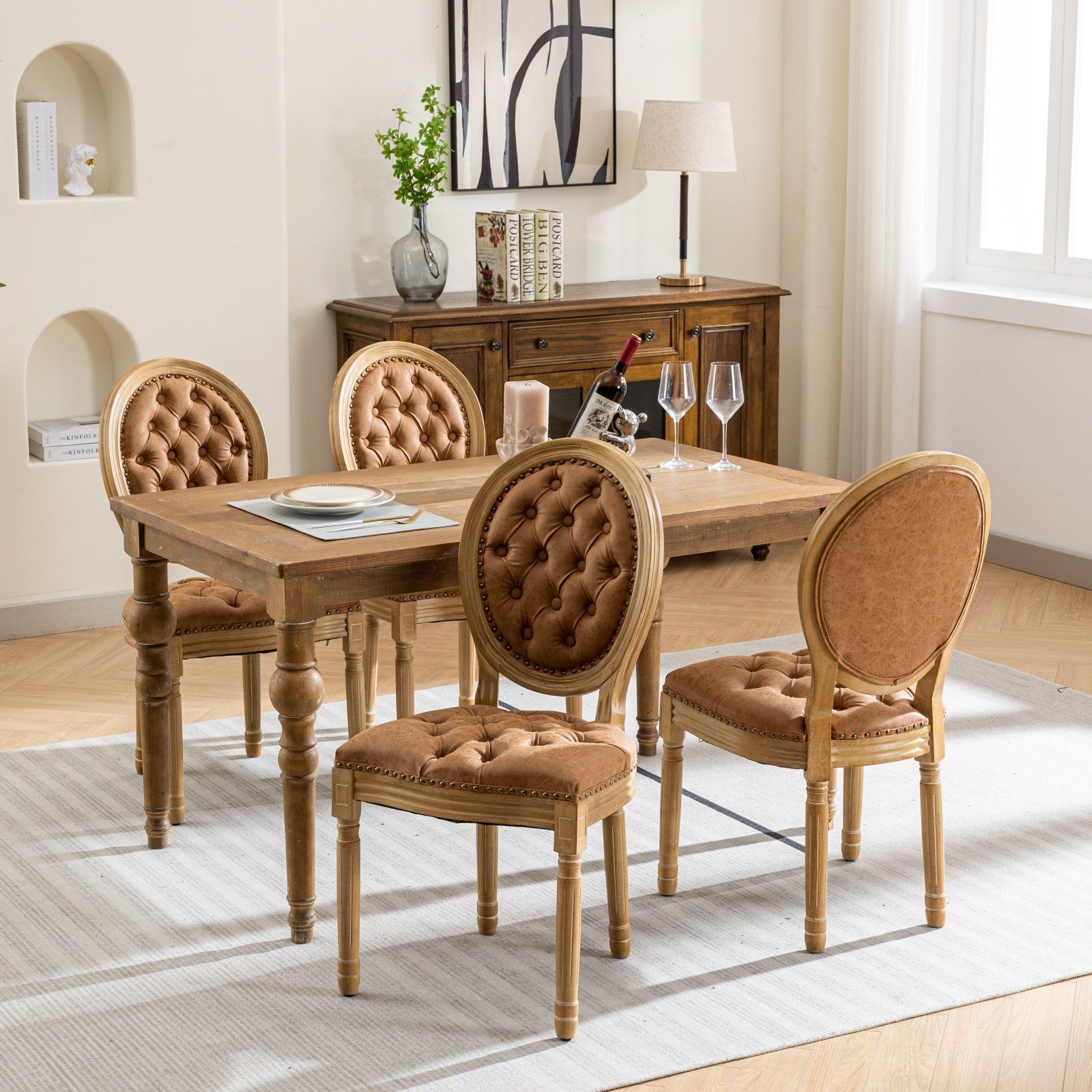 French Style Solid Wood Frame Antique Painting, Hand-Pulled Buckle Decoration Artificial Dining Chair With Nailhead Trim, Wood Legs