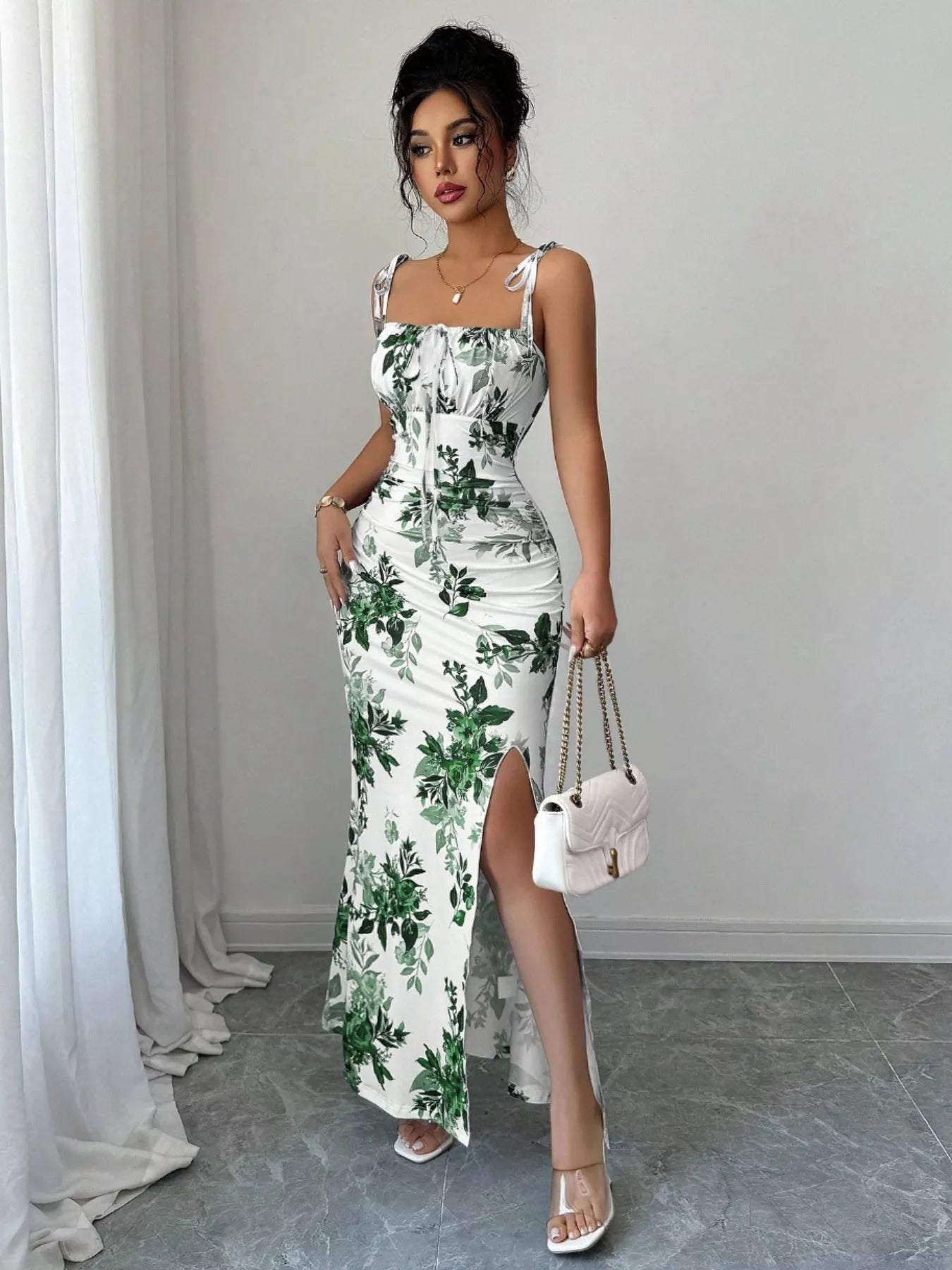 Printed Tie Strap Slit Maxi Dress