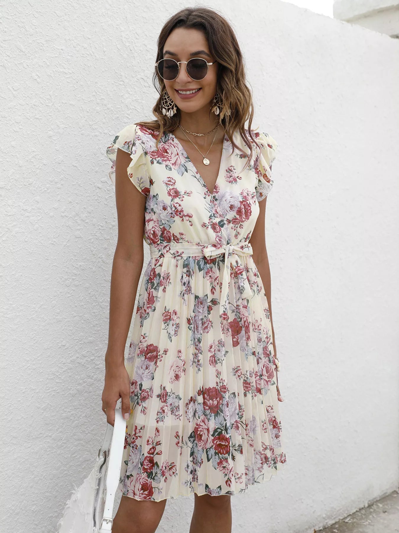 Pleated Floral Print Ruffle Sleeve Dress