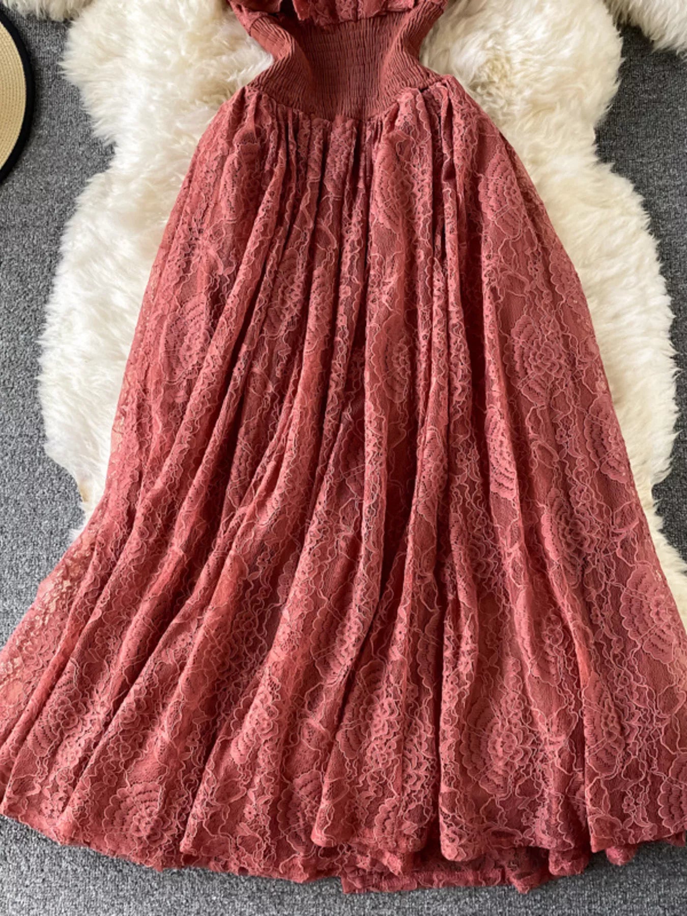 Ruffled Mock Neck Lace Maxi Dress