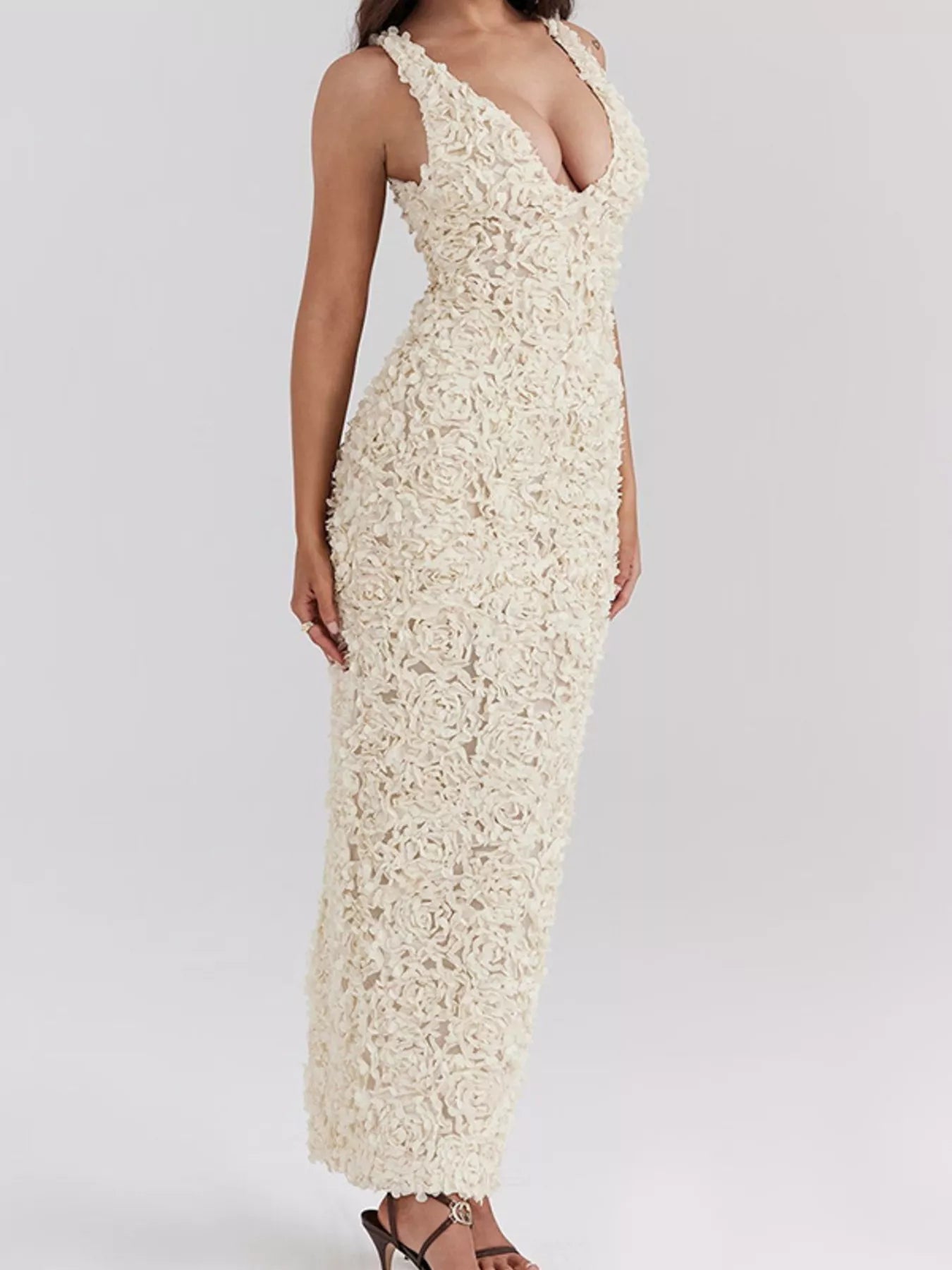 Floral Applique Deep V-Neck Maxi Dress