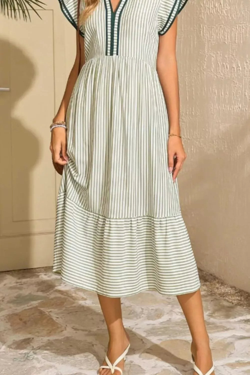 Striped Ruffle Sleeve Midi Dress