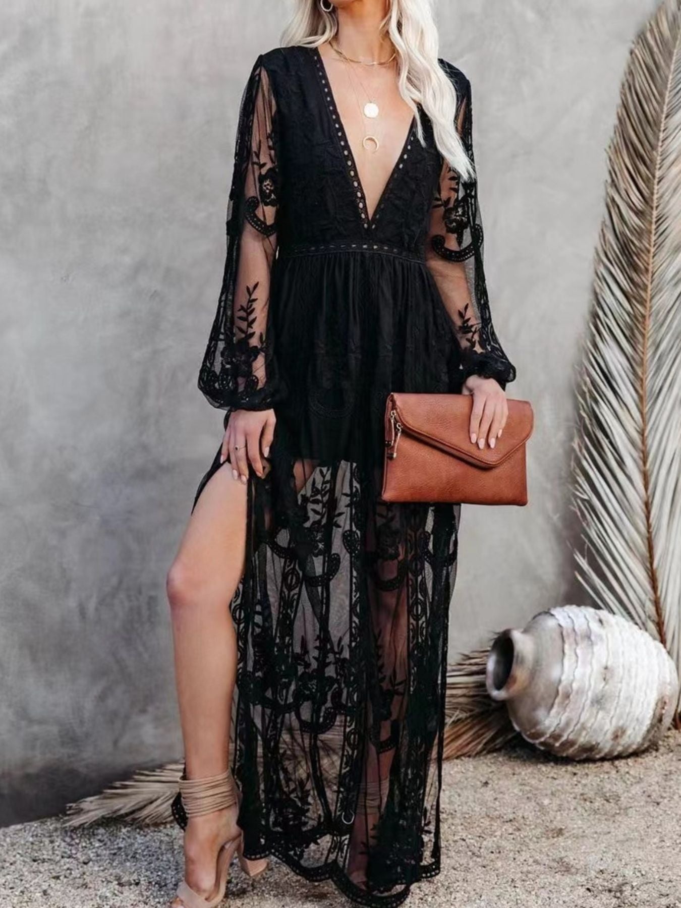 Floral Lace Slit Maxi Dress