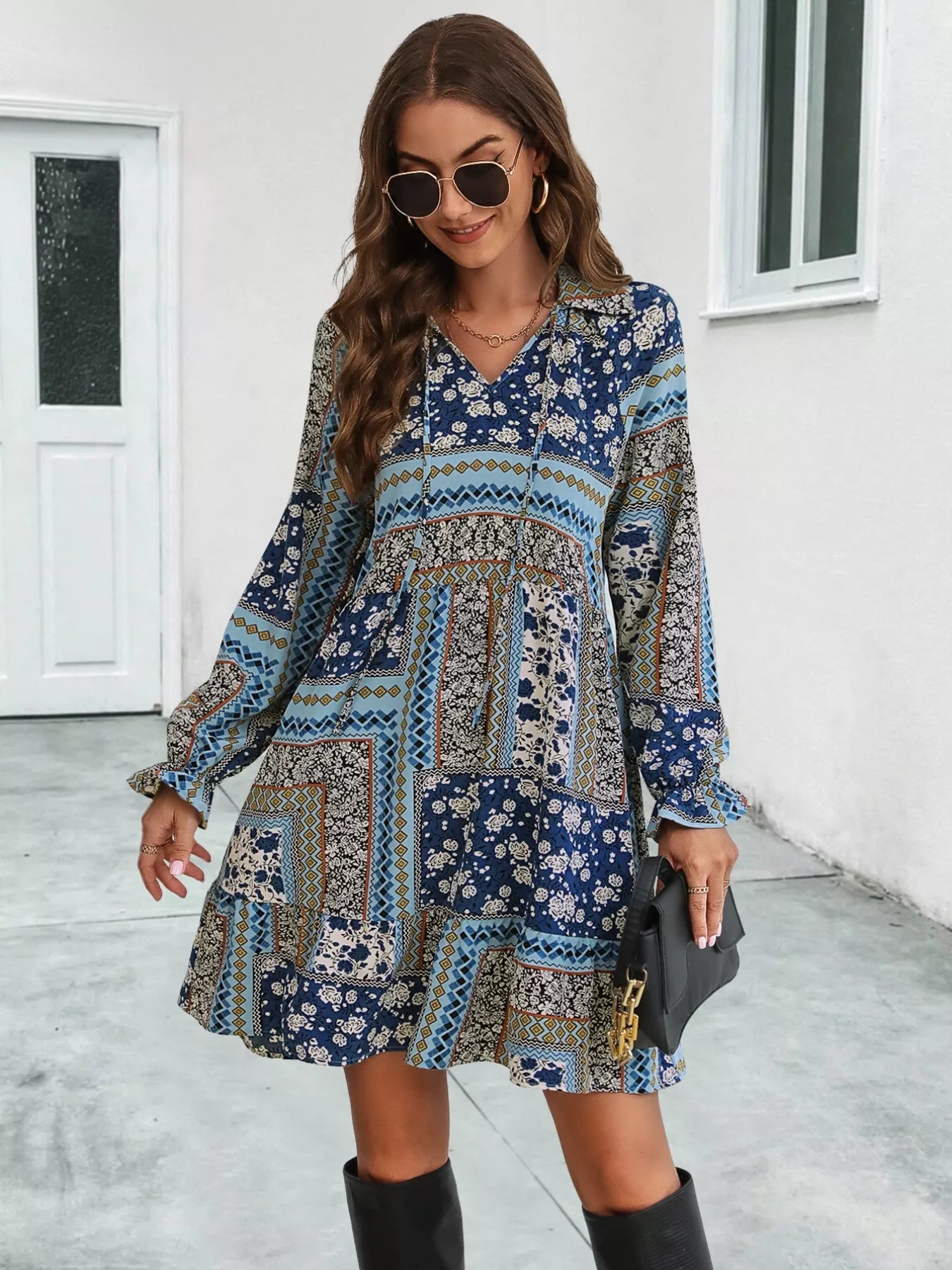 Boho Floral Print Long Sleeve Mini Dress