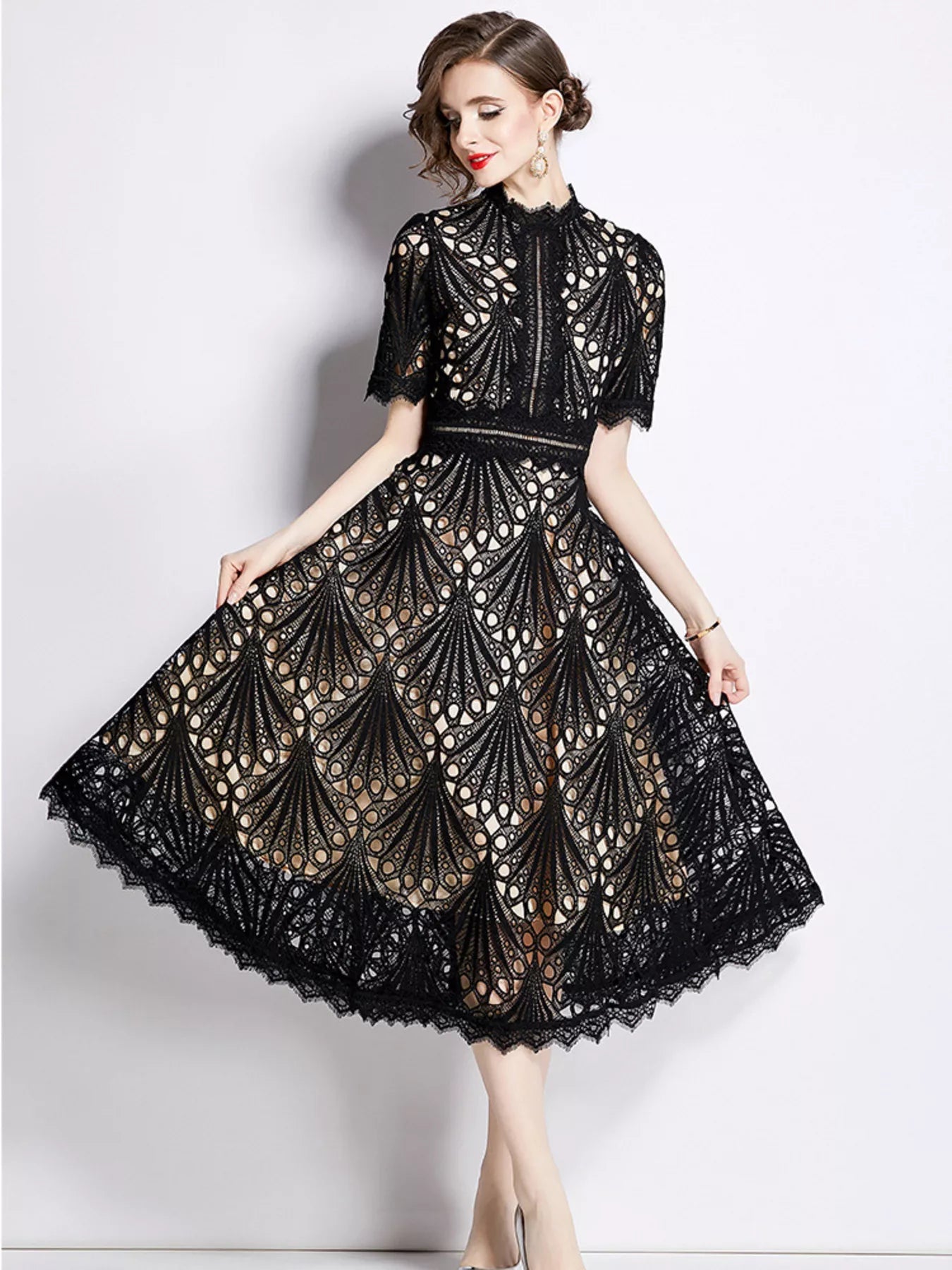 Full Size Lace Short Sleeve Midi Dress Plus Size