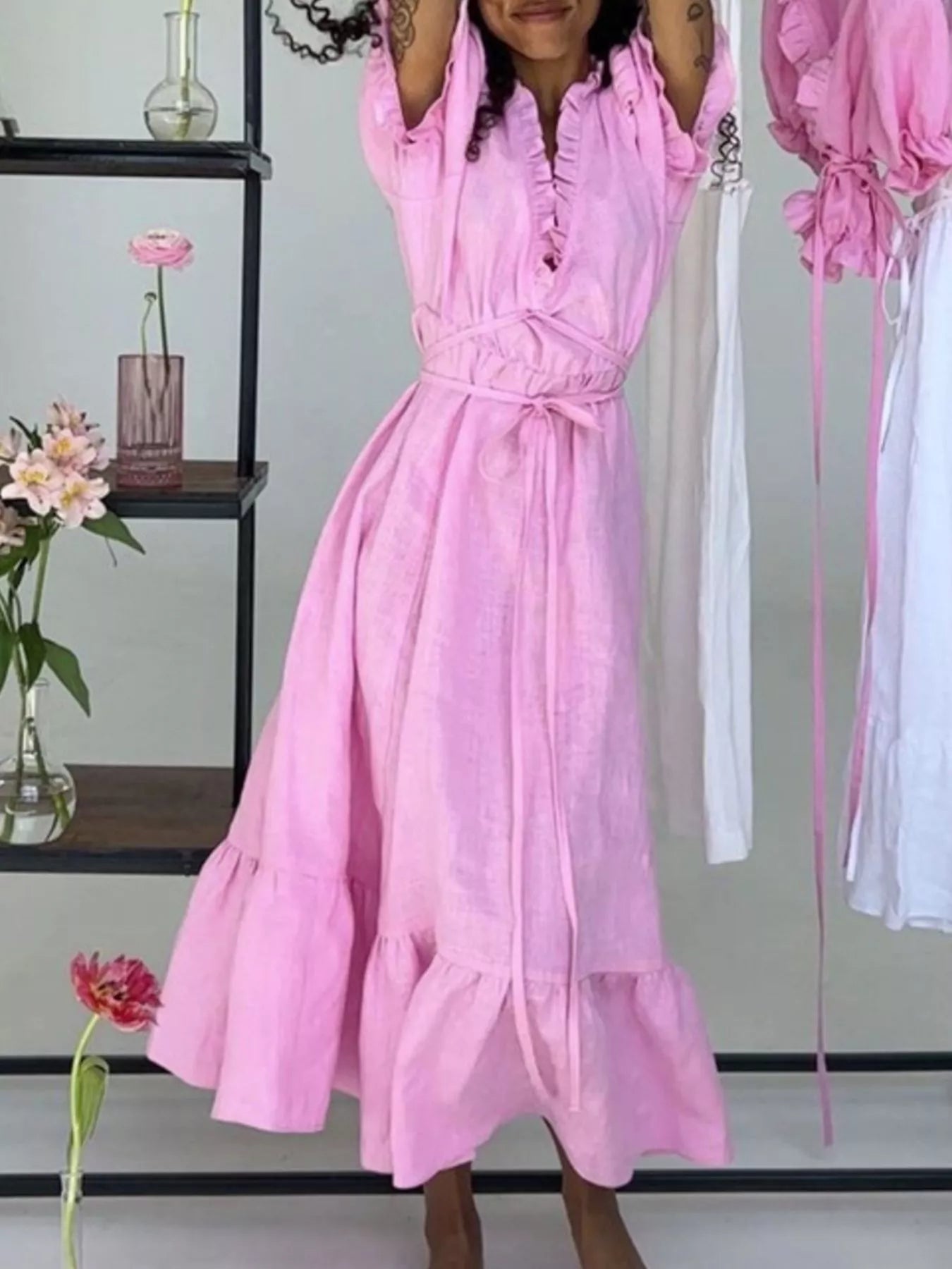 Tie Waist Puff Sleeve Maxi Dress