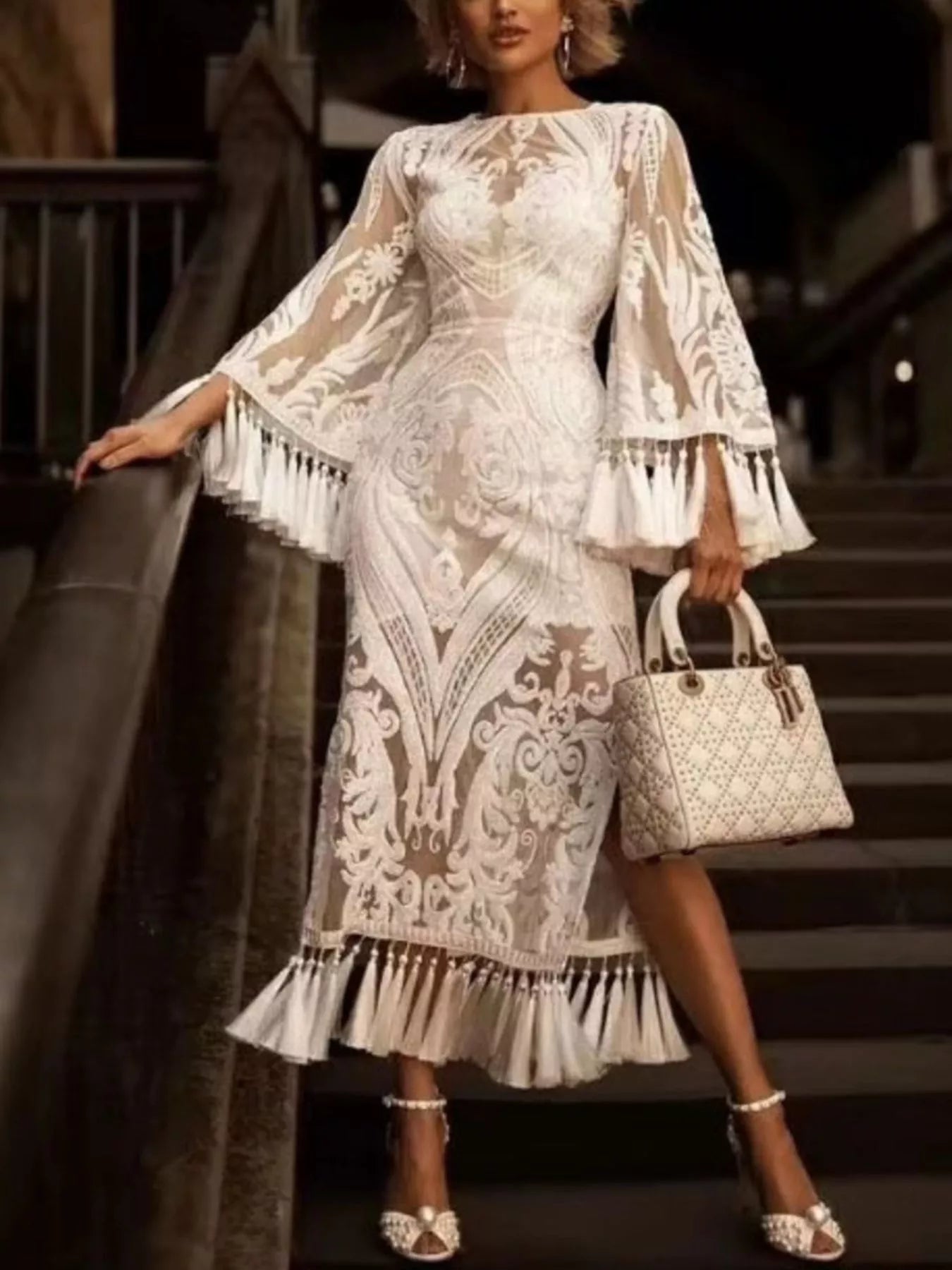 Full Size Tassel Hem Lace Flare Sleeve Dress Plus Size