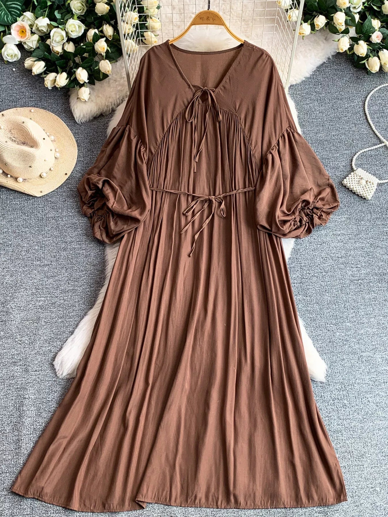 Balloon Sleeve Tie-Waist Dress
